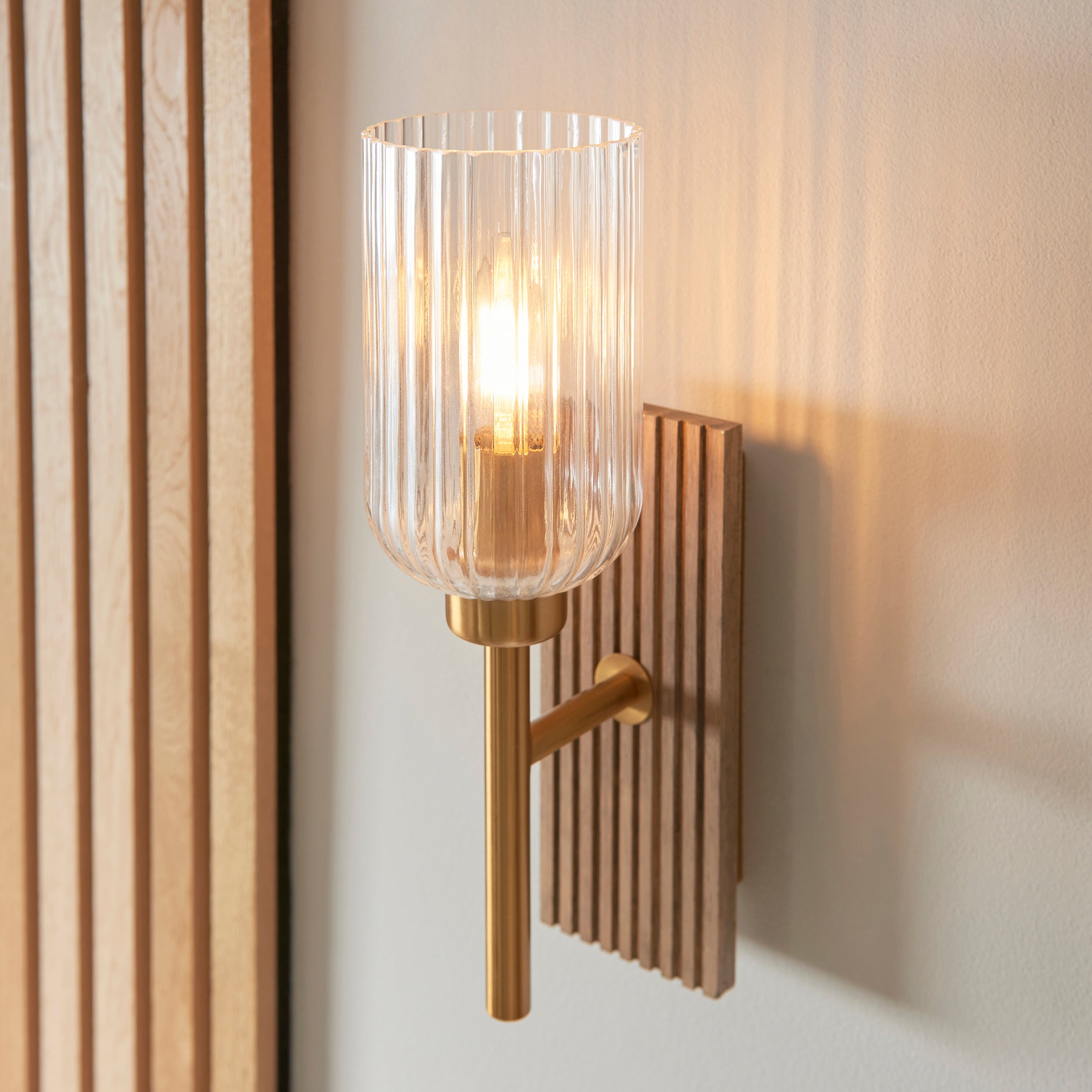 Endon Grove  Wall Light - Dark Beechwood & Vintage Brass With Clear Ribbed Glass
