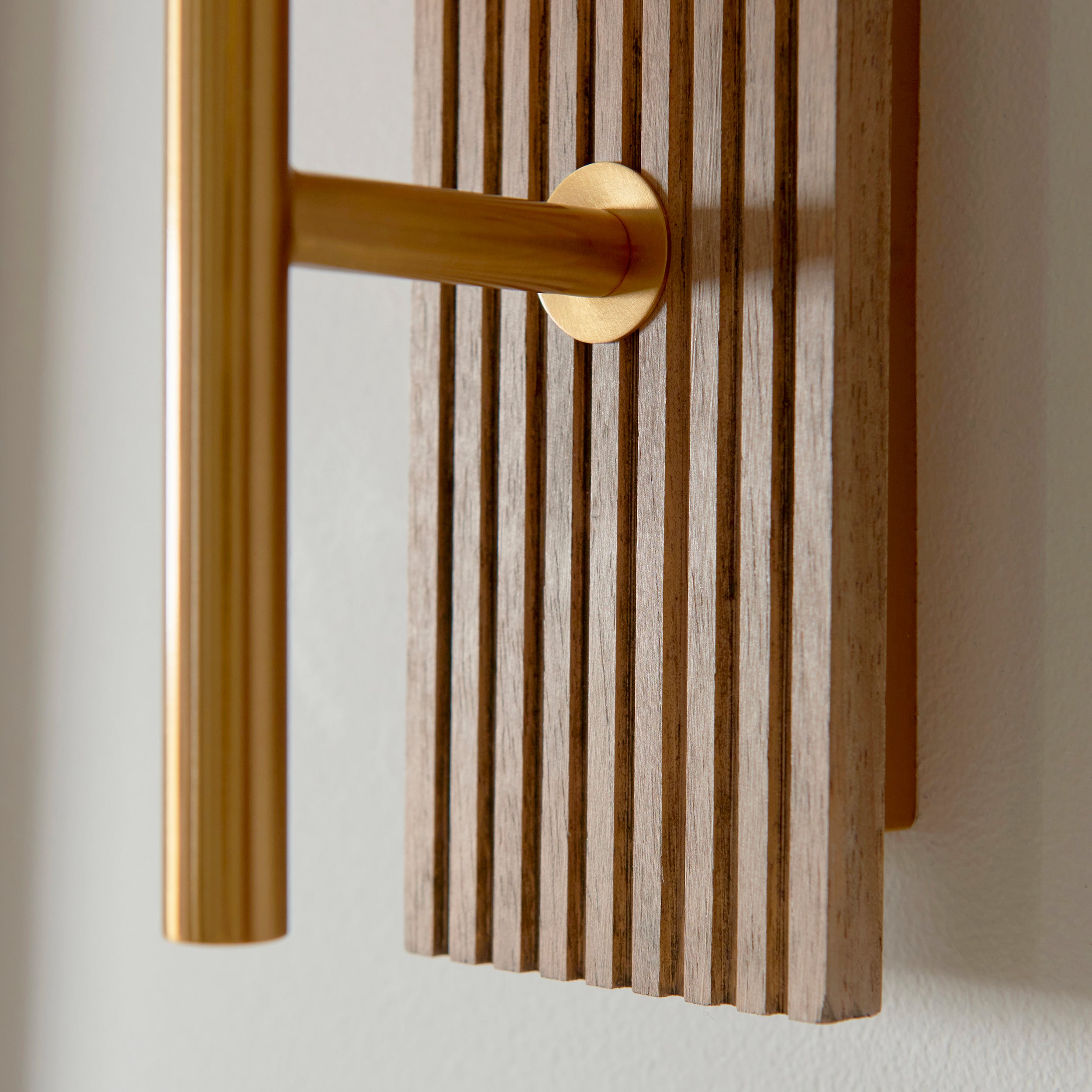 Endon Grove  Wall Light - Dark Beechwood & Vintage Brass With Clear Ribbed Glass