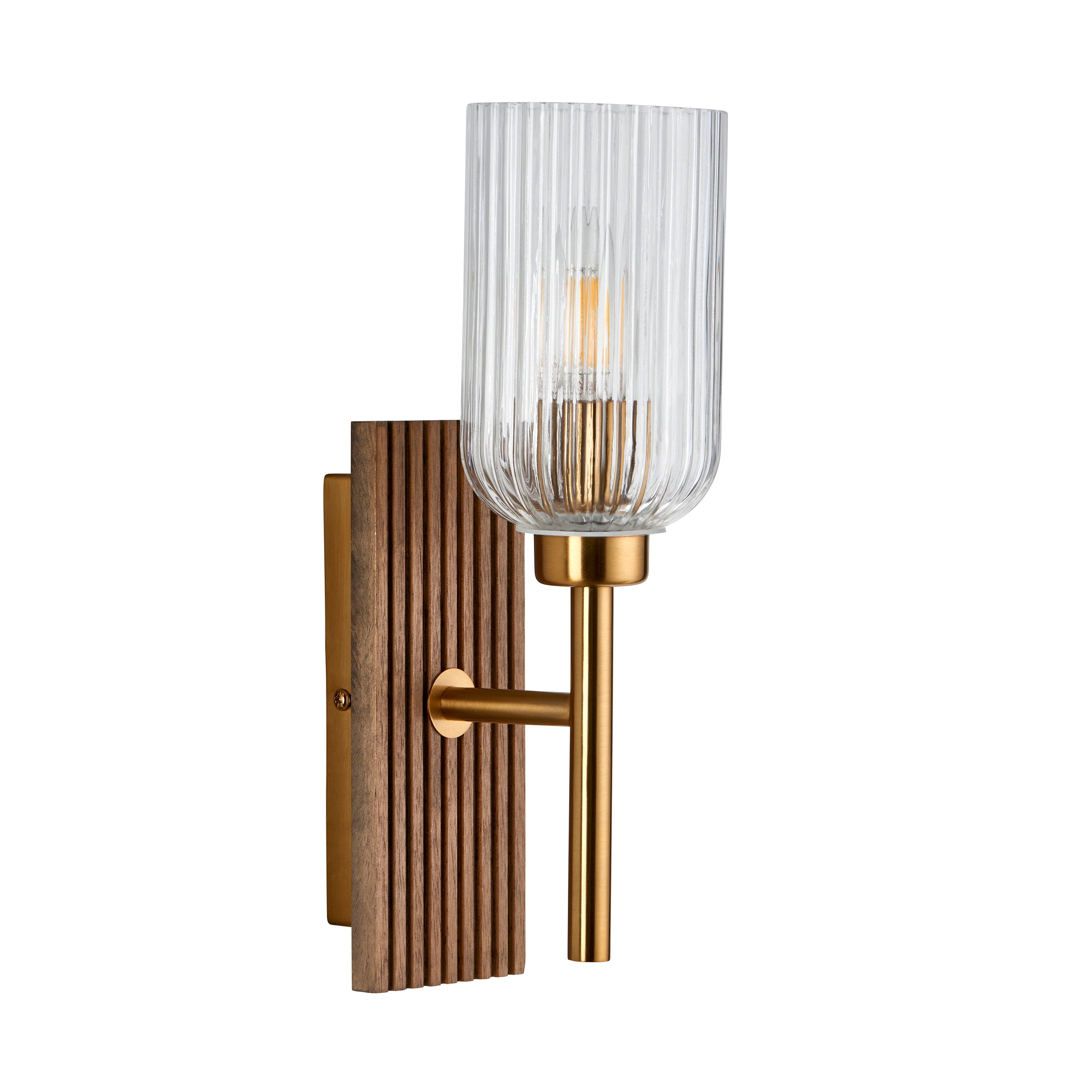 Endon Grove  Wall Light - Dark Beechwood & Vintage Brass With Clear Ribbed Glass