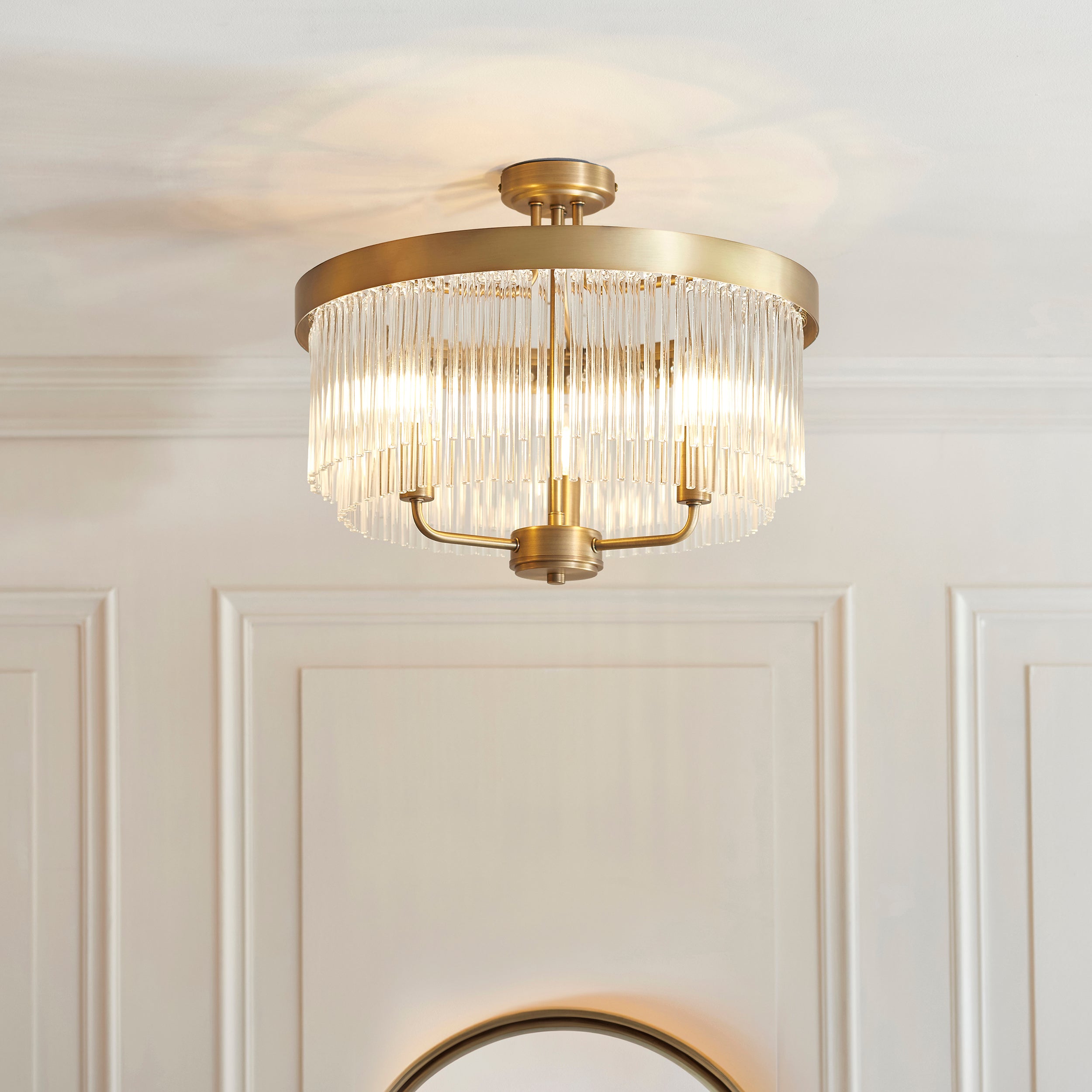 Endon Heathcliff Wall   - Brushed Aged Brass Plate, Oak Stained Wood & Natural Faux Linen