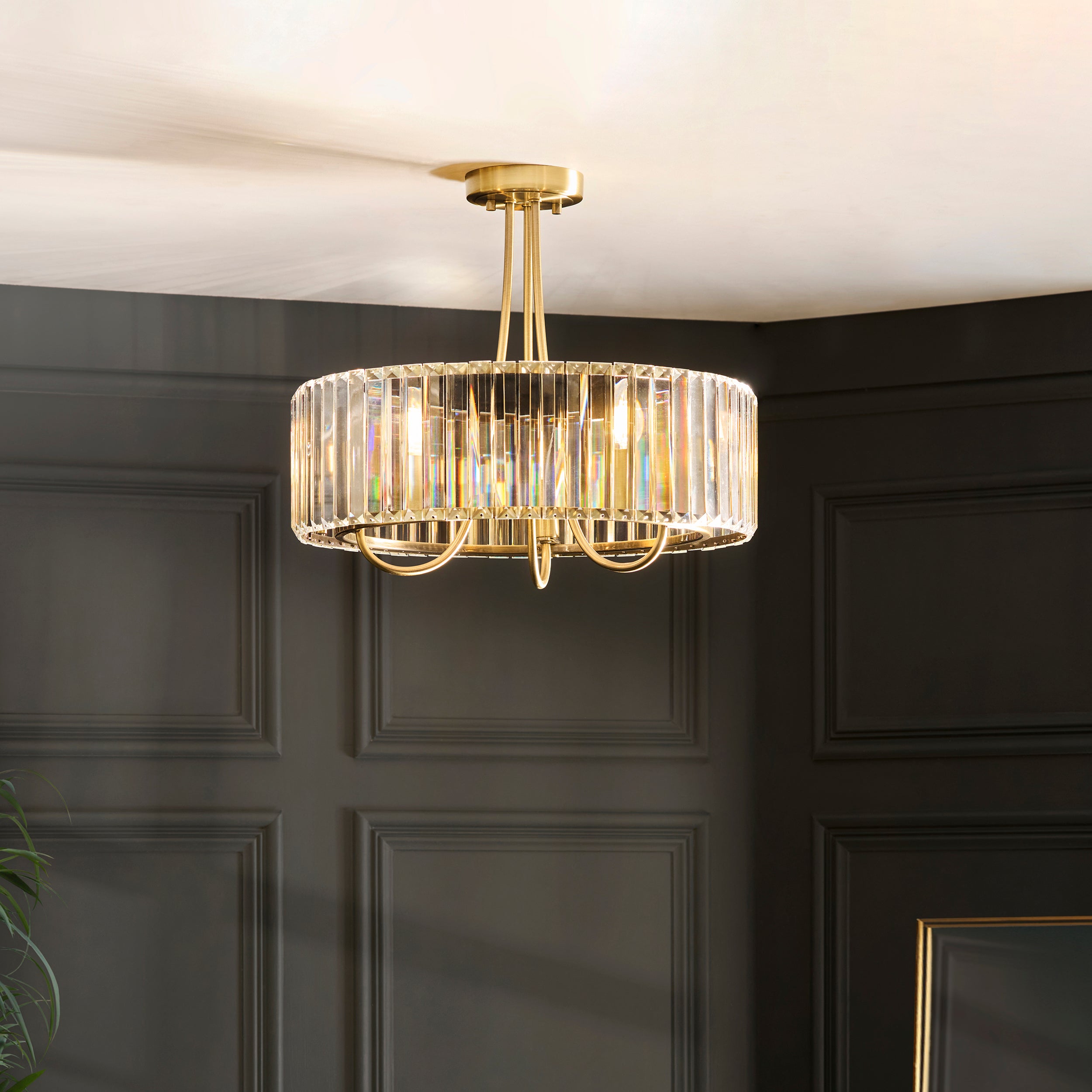 Endon Visconti 3 Light Semi Flush   - Antique Brass Plate & Clear Glass