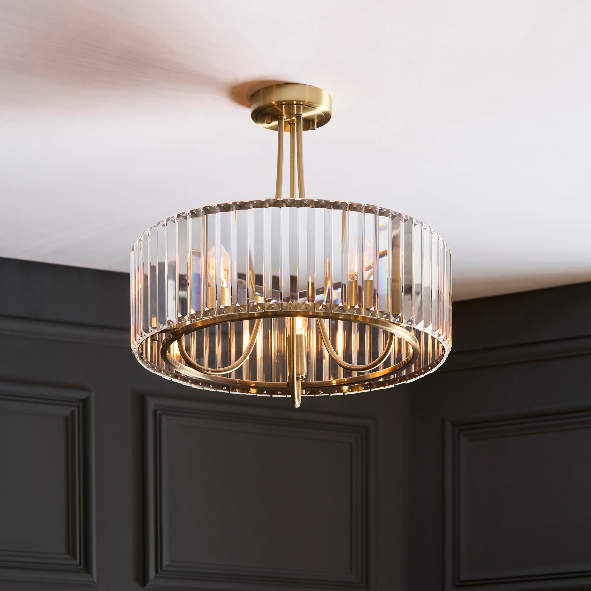 Endon Visconti 3 Light Semi Flush   - Antique Brass Plate & Clear Glass