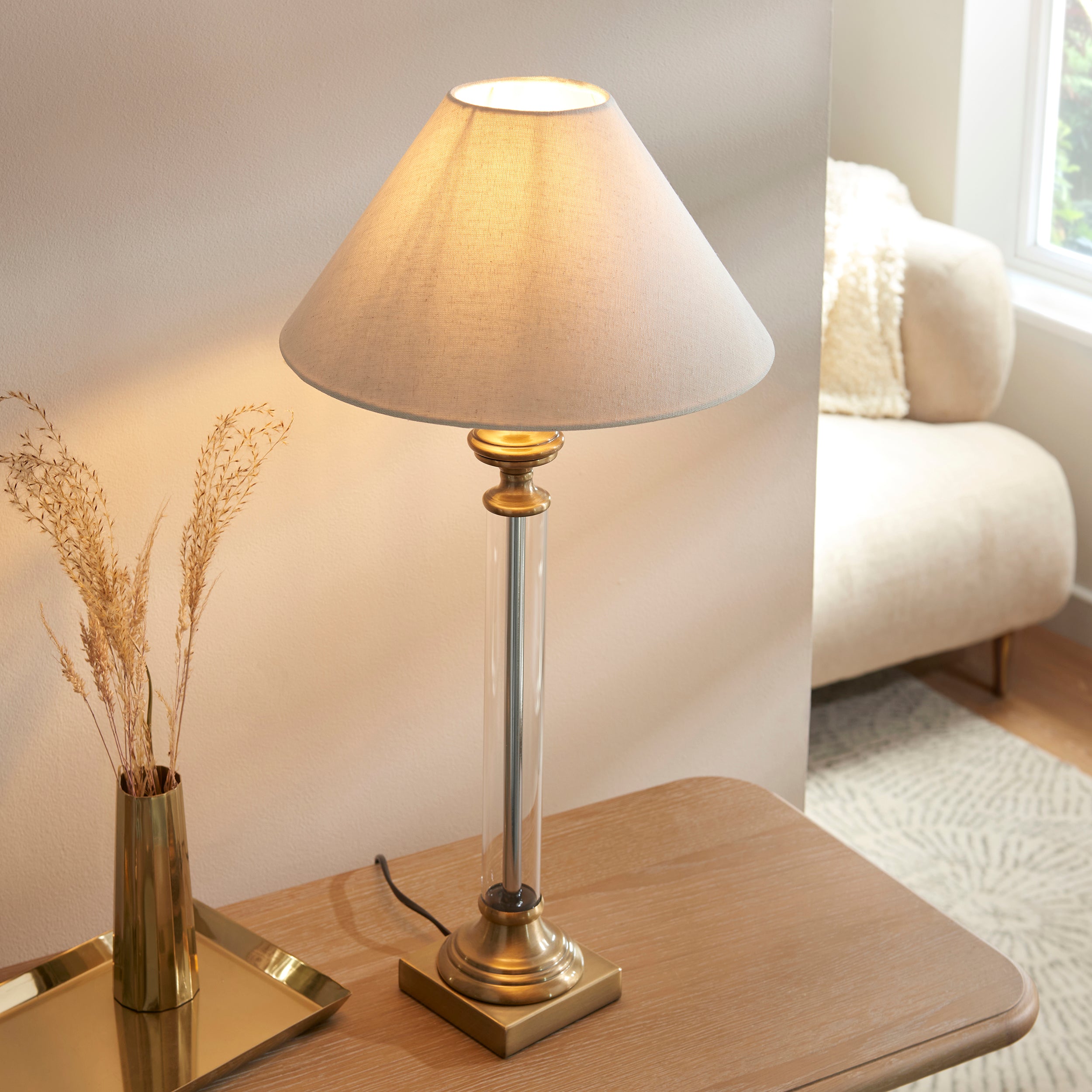 Endon Avebury & Avalon 31cm Table   - Antique Brass Plate & Natural Faux Linen fabric