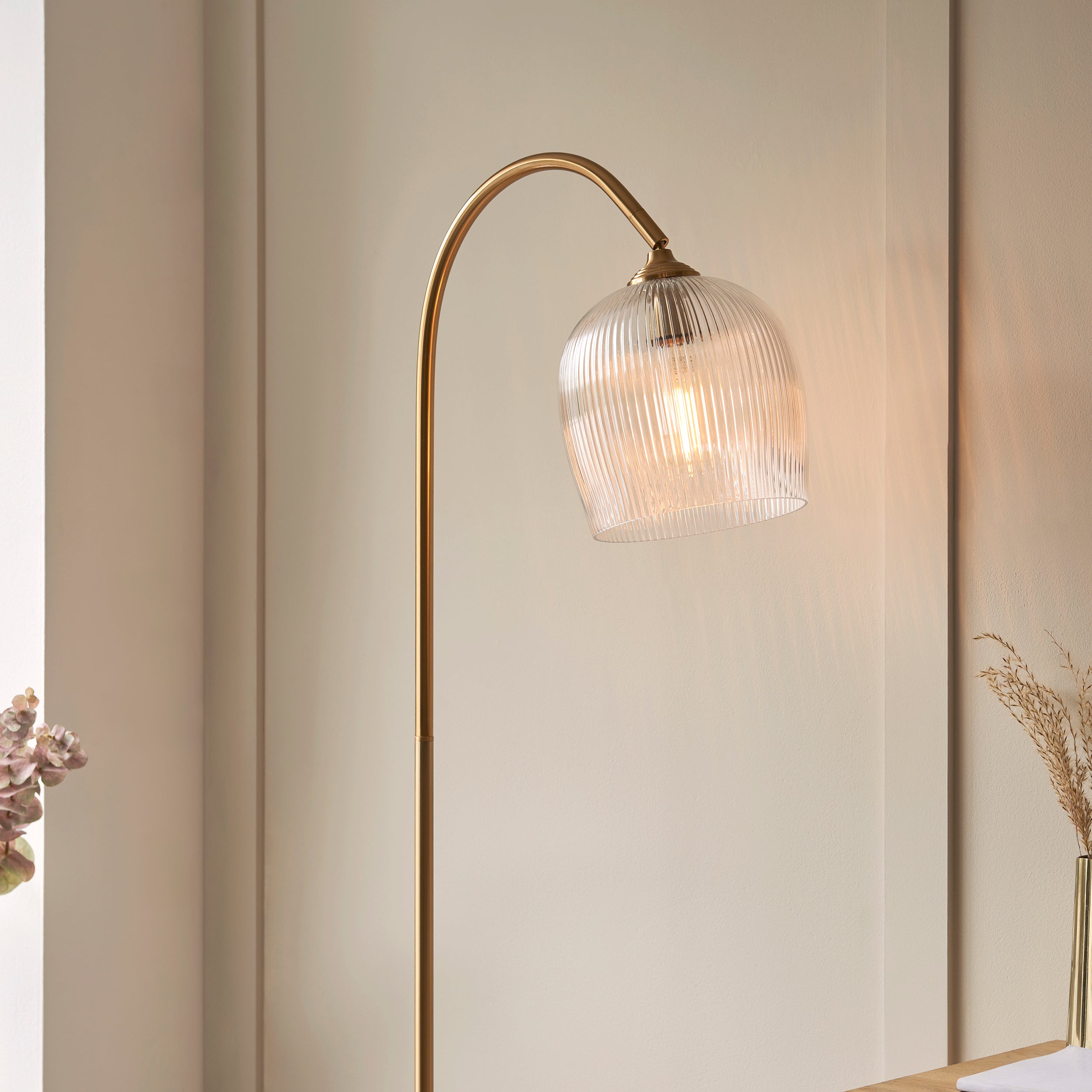 Endon Ashcroft Ribbed Floor - Brushed Aged Brass Plate & Clear Ribbed Glass