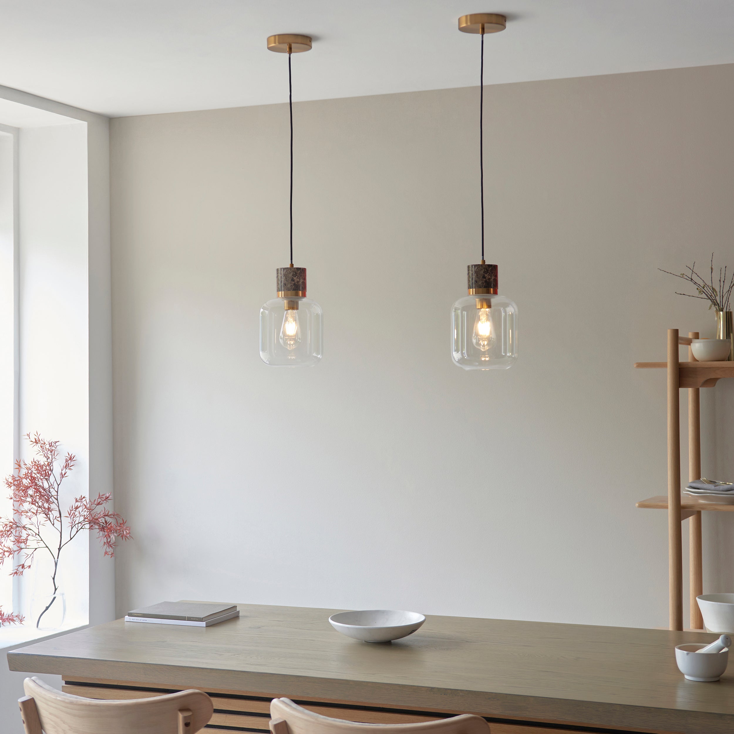 Endon Travi Pendant - Dark Brown Emperador Marble, Vintage Brass & Clear Glass