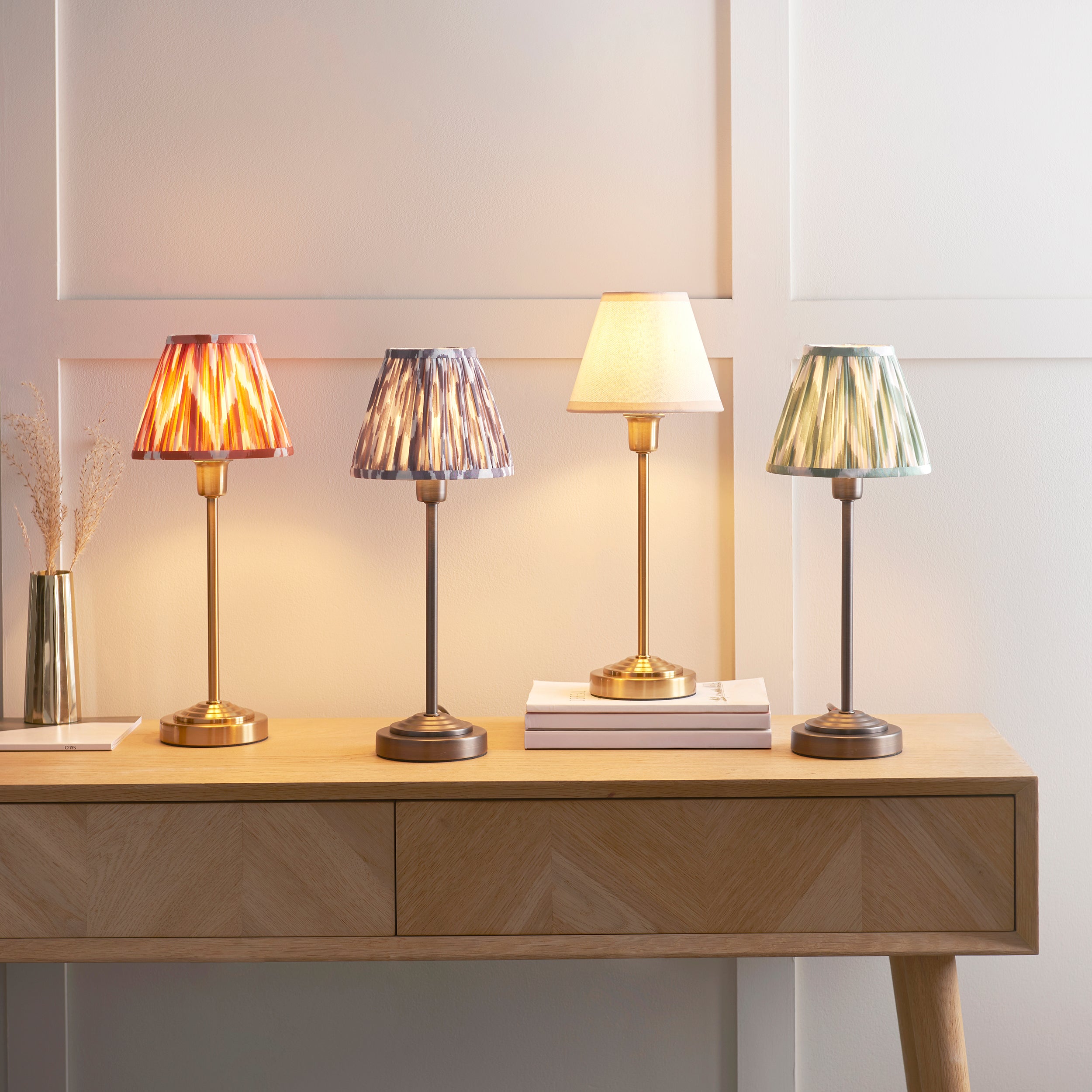 Endon Rise & Ikat 16Cm Table Lamp - Vintage Brass Finish & Pearl Grey Fabric