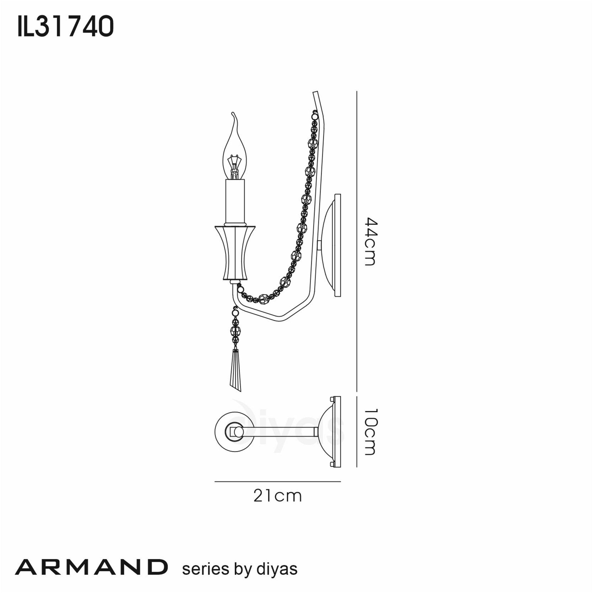 Diyas Armand Wall Lamp Single Light E14  - Polished Chrome/Crystal