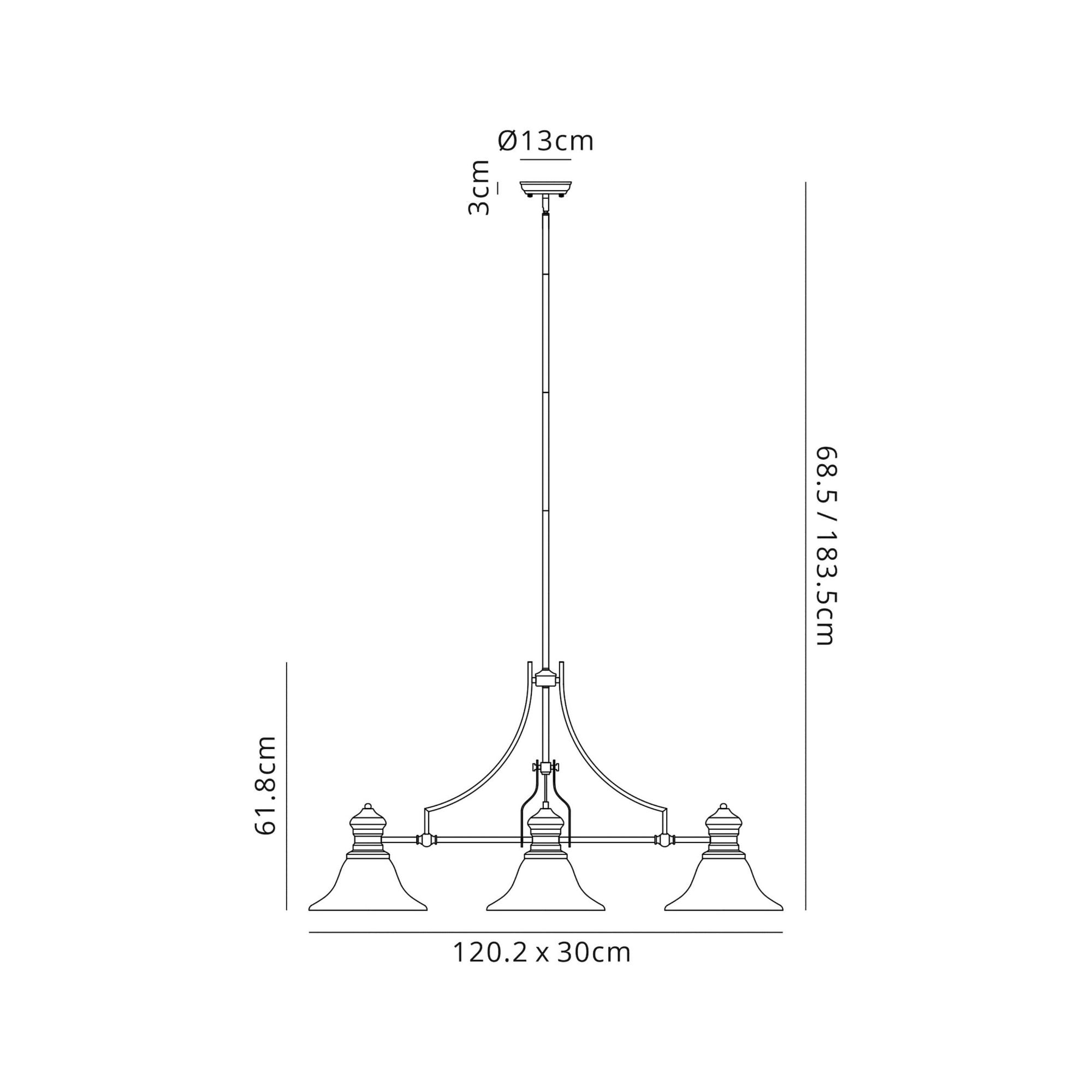 Fabula Epping 3 Light Linear Pendant - 30cm Smooth Bell Glass Shades - Polished Nickel & Clear Glass