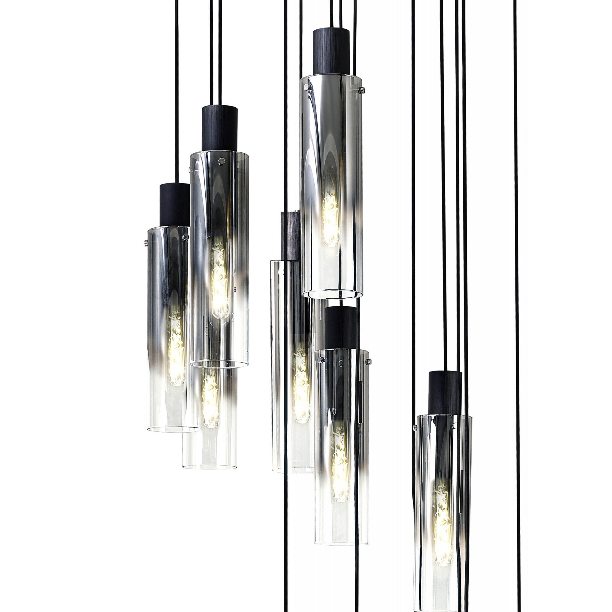 Fabula Kingfisher Adjustable 15 Light Round Pendant - Black & Smoke Fade Glass