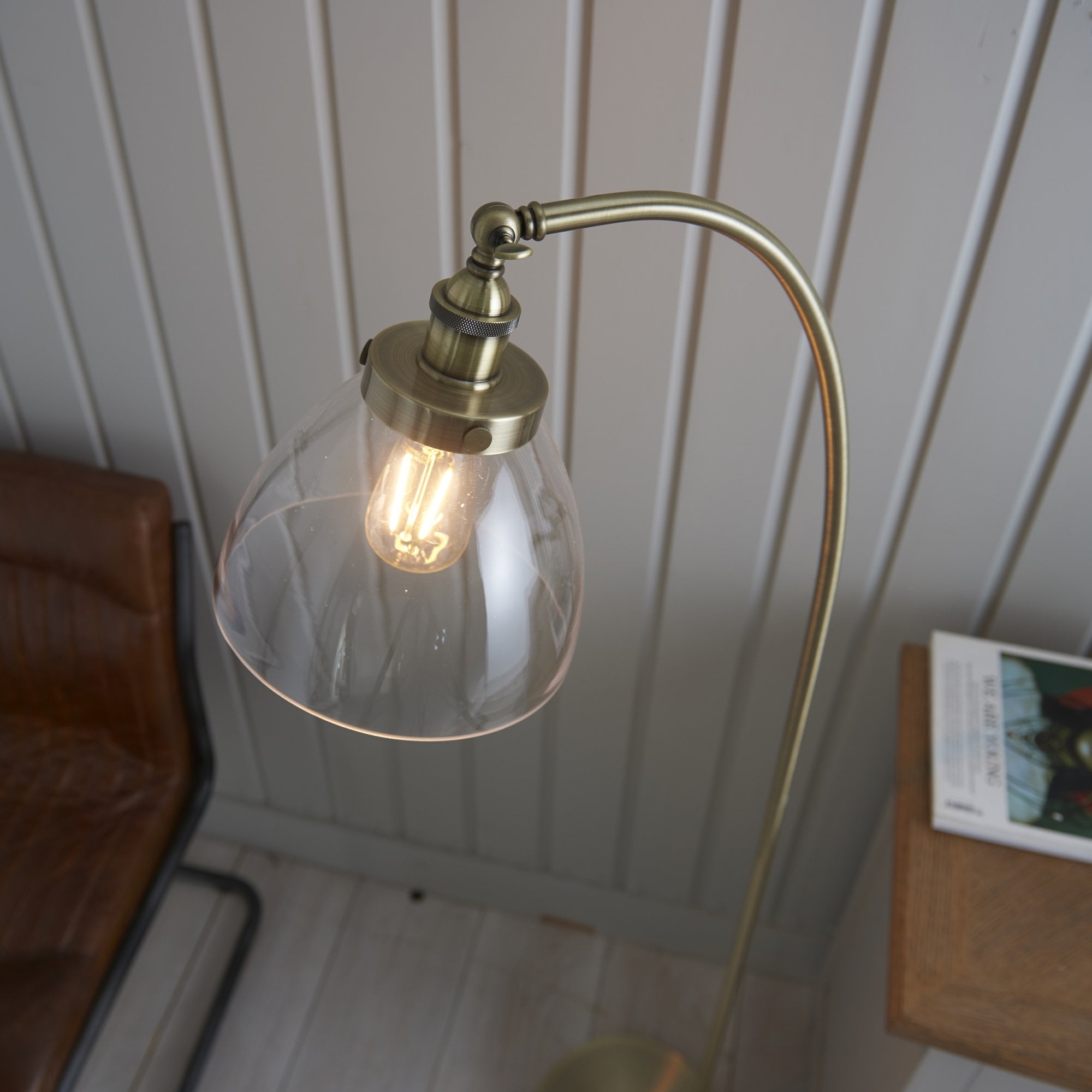 Endon Hansen Single Light Floor Lamp - Antique Brass Plate & Clear Glass