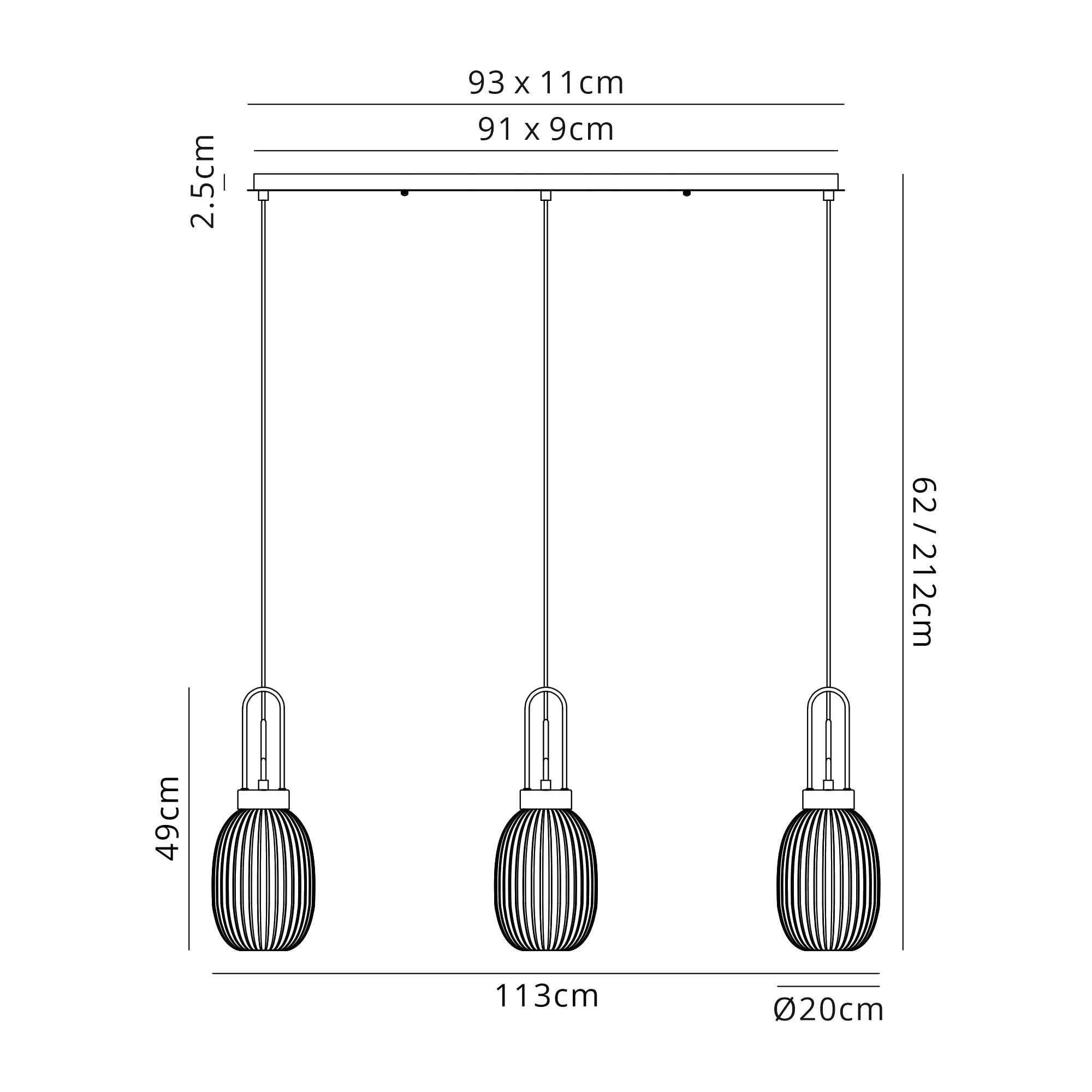Fabula Springfield 3 Light Linear Pendant - 20cm Almond Ribbed Glass Shades - Brass Gold & Opal Glass