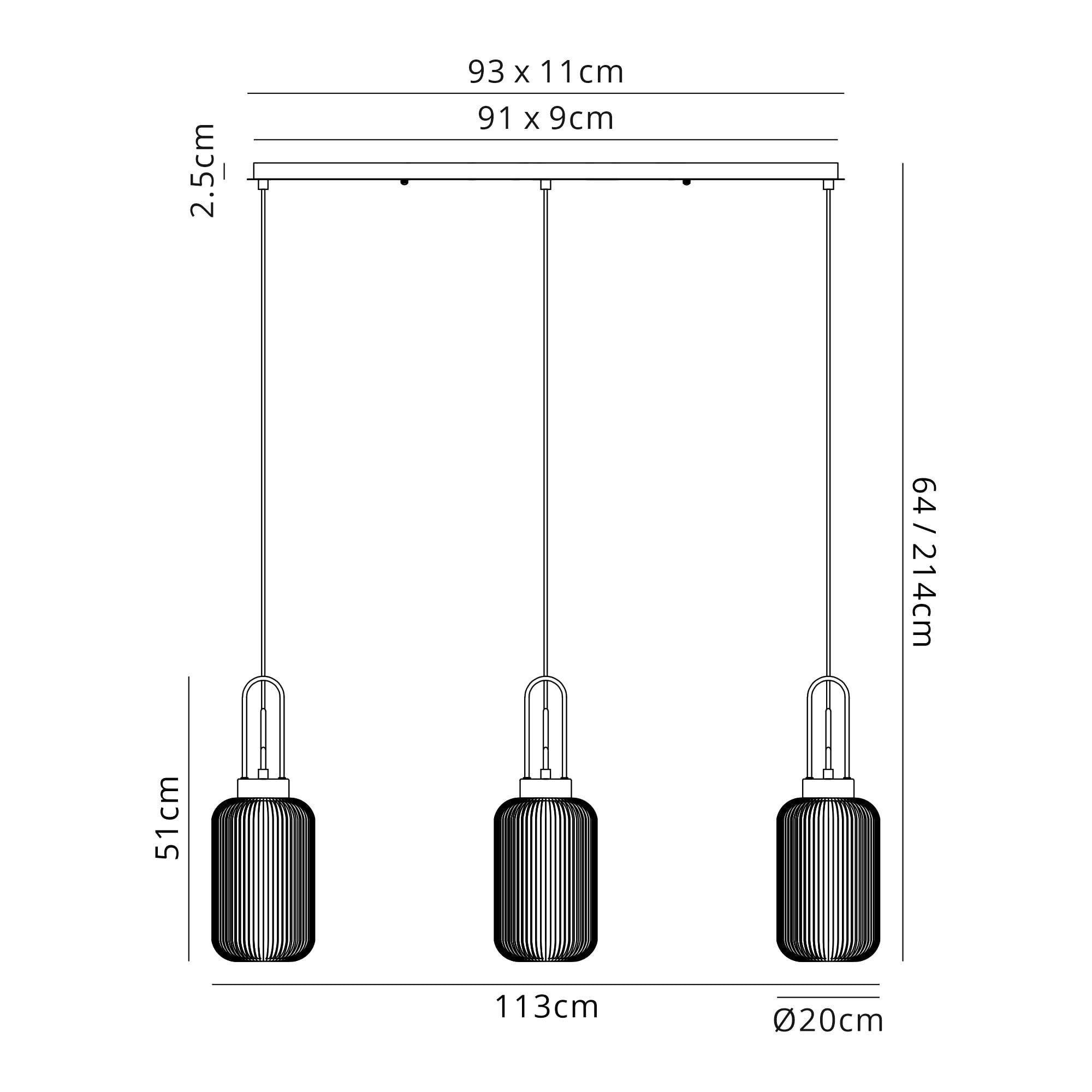 Fabula Springfield 3 Light Linear Pendant - 20cm Tubular Ribbed Glass Shades - Polished Nickel & Champagne Glass