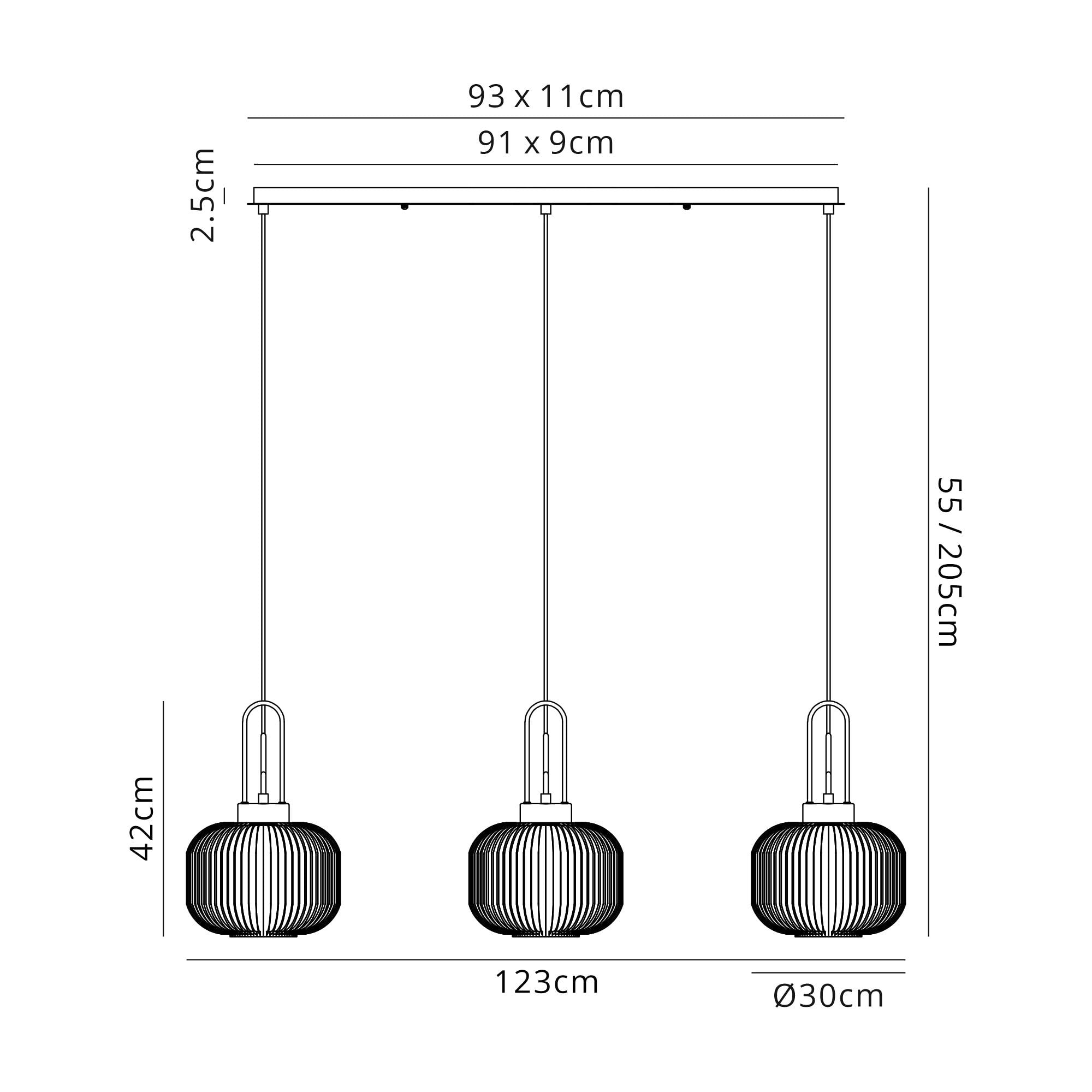 Fabula Springfield 3 Light Linear Pendant - 30cm Pumpkin Shaped Ribbed Glass Shades - Black Chrome & Champagne Glass