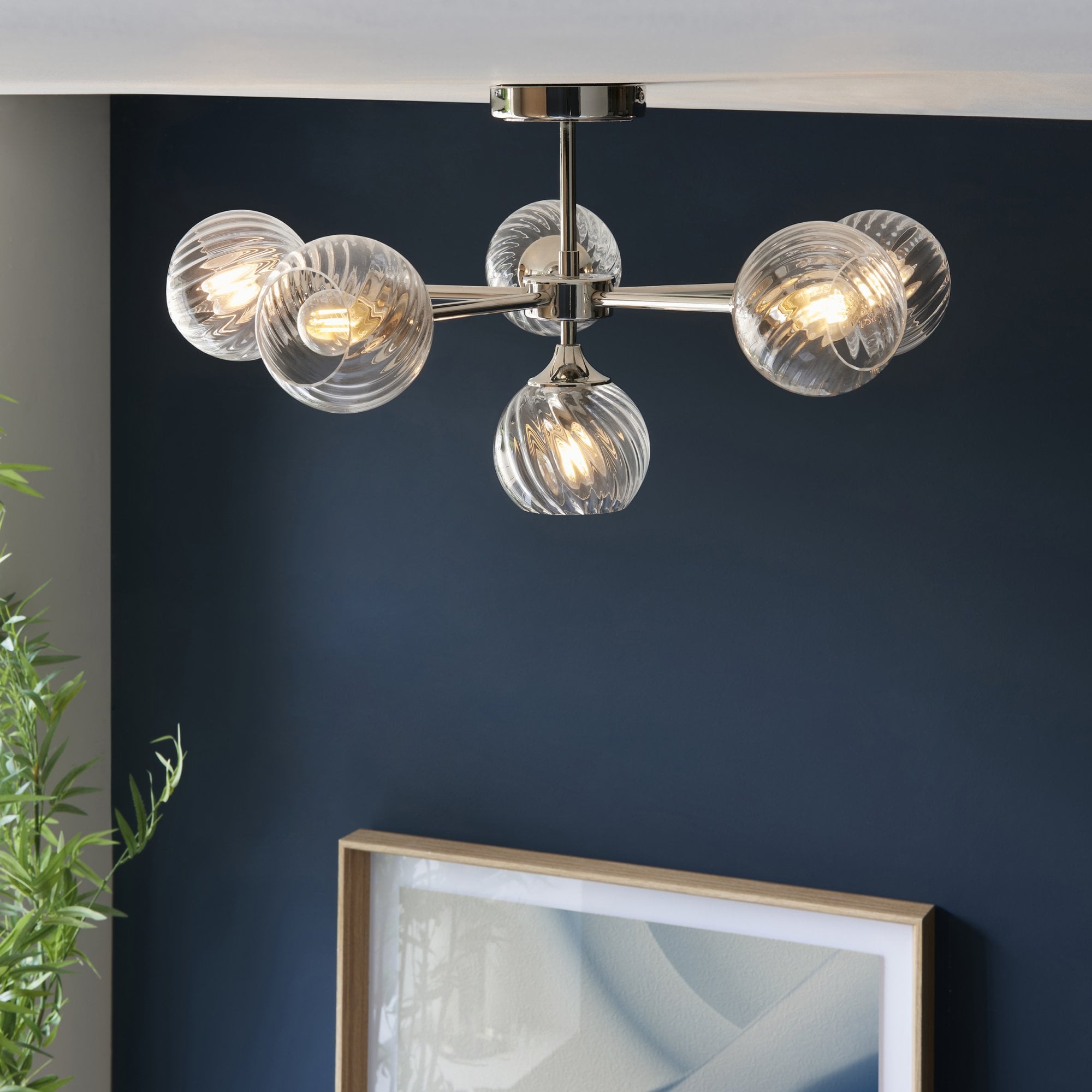 Endon Allegra 6 Light Semi-Flush Fitting - Bright Nickel Plate & Clear Spiral Glass