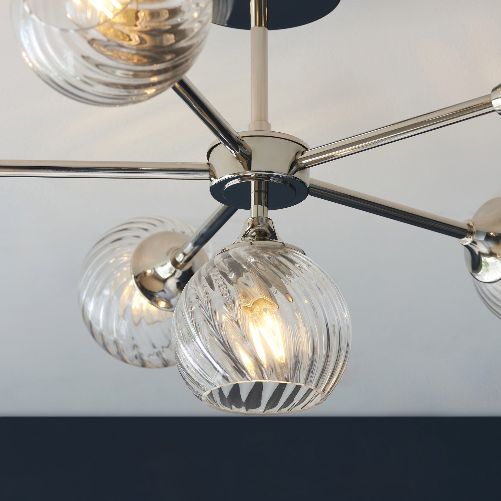 Endon Allegra 6 Light Semi-Flush Fitting - Bright Nickel Plate & Clear Spiral Glass