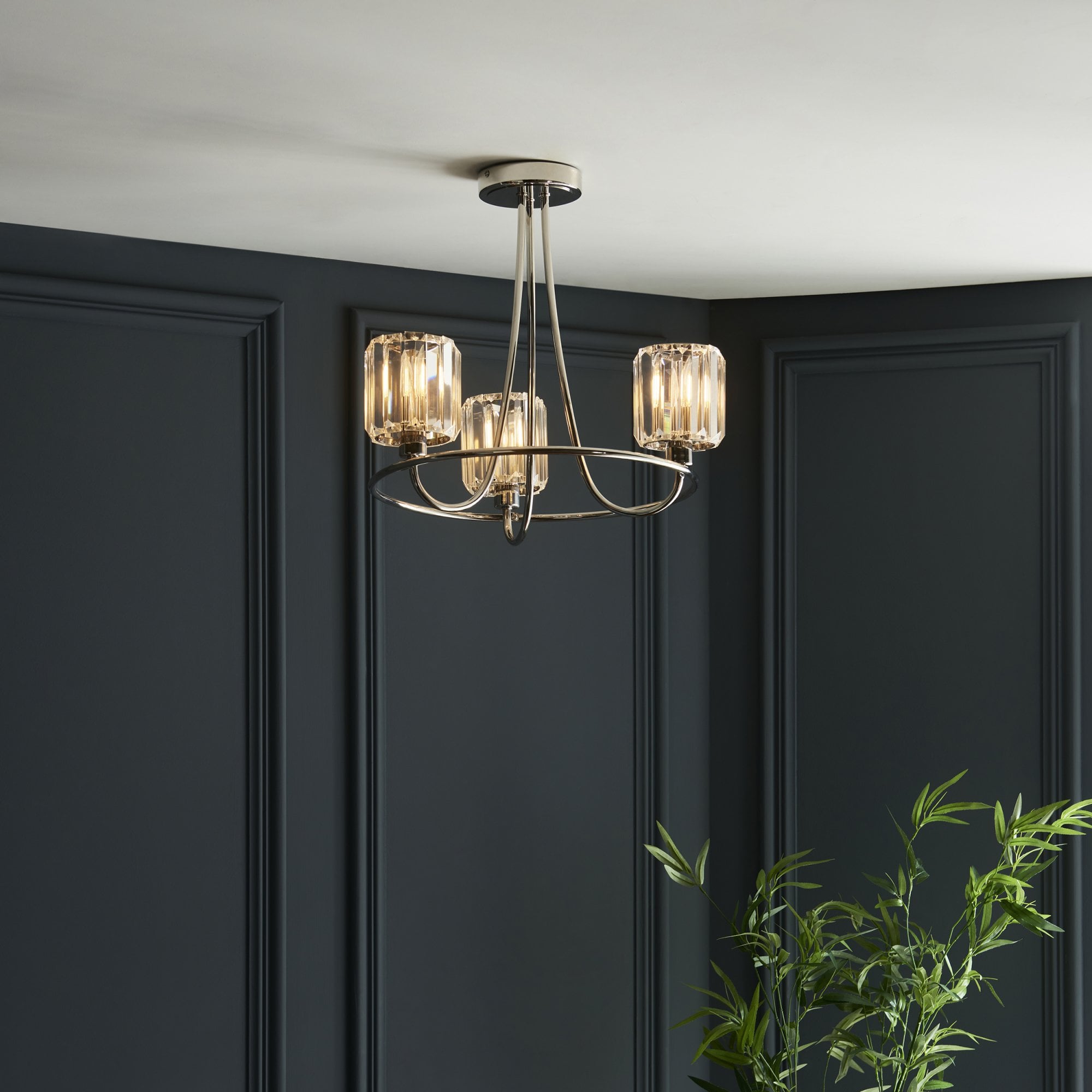 Endon Berenice 3 Light Semi-Flush Fitting - Bright Nickel Plate & Clear Glass