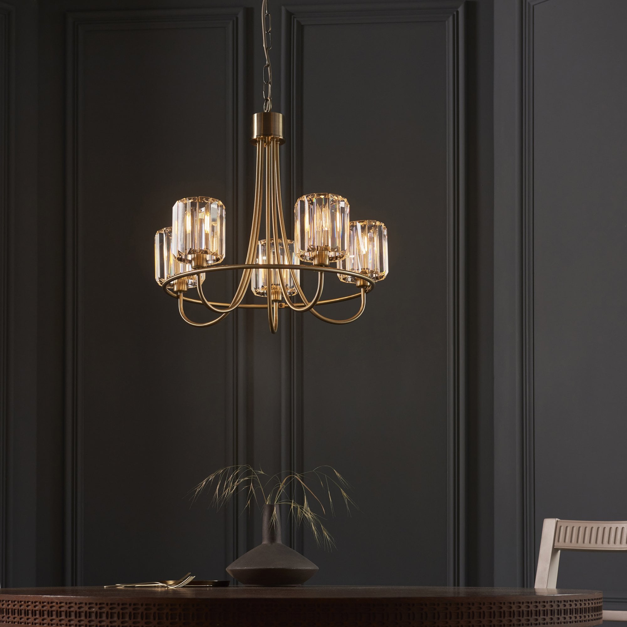 Endon Berenice 5 Light Pendant - Antique Brass Plate & Clear Glass
