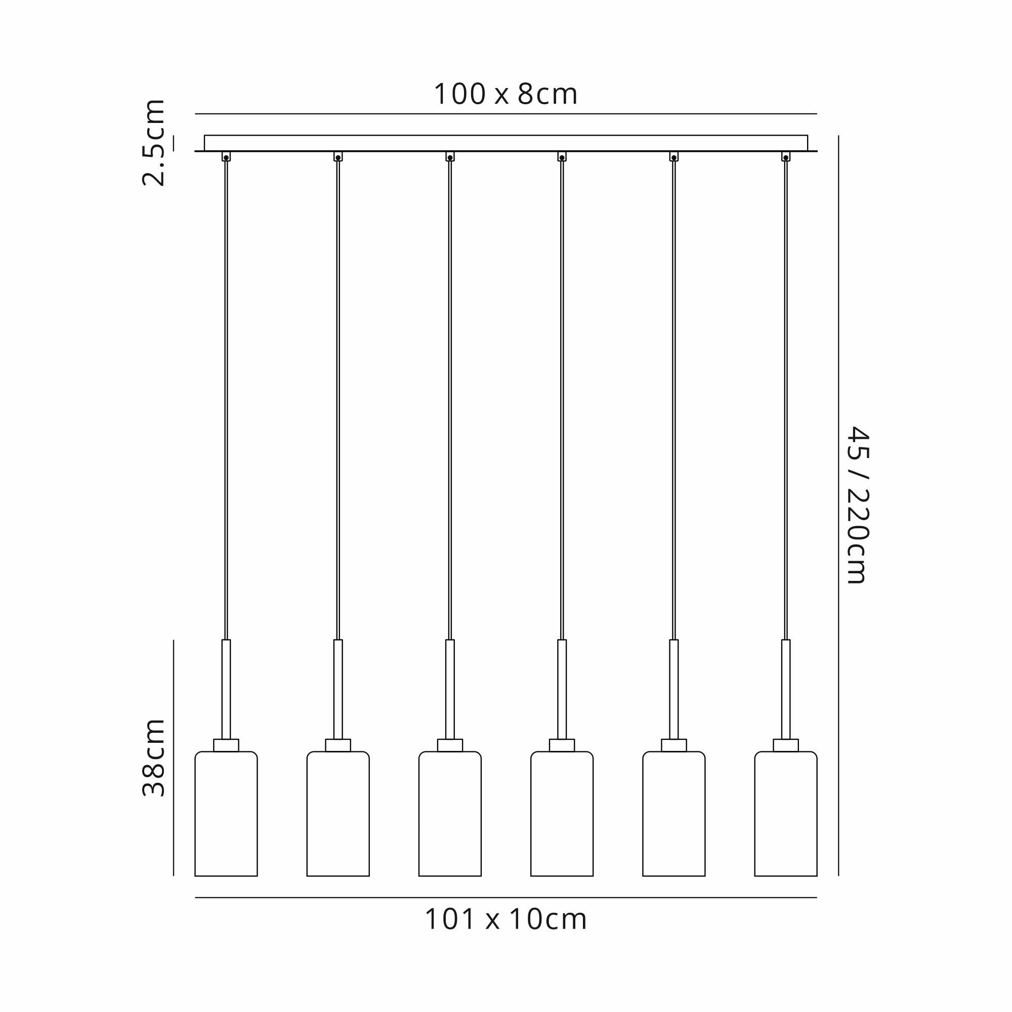 Fabula Tamworth 6 Light Linear Pendant - Tall Cylinder Shades - French Gold & Clear Glass