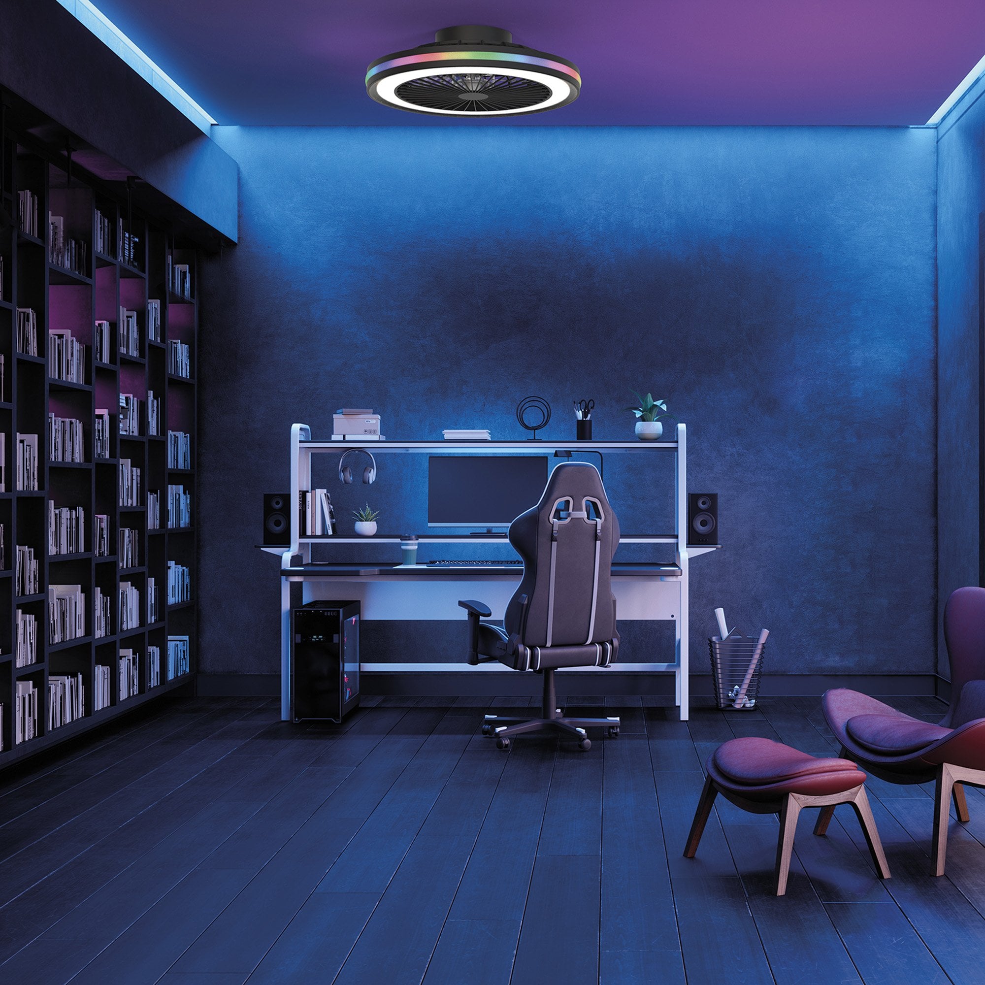 Mantra Gamer 60W LED Dimmable White, RGB Ceiling Light & Fan, Remote - Black