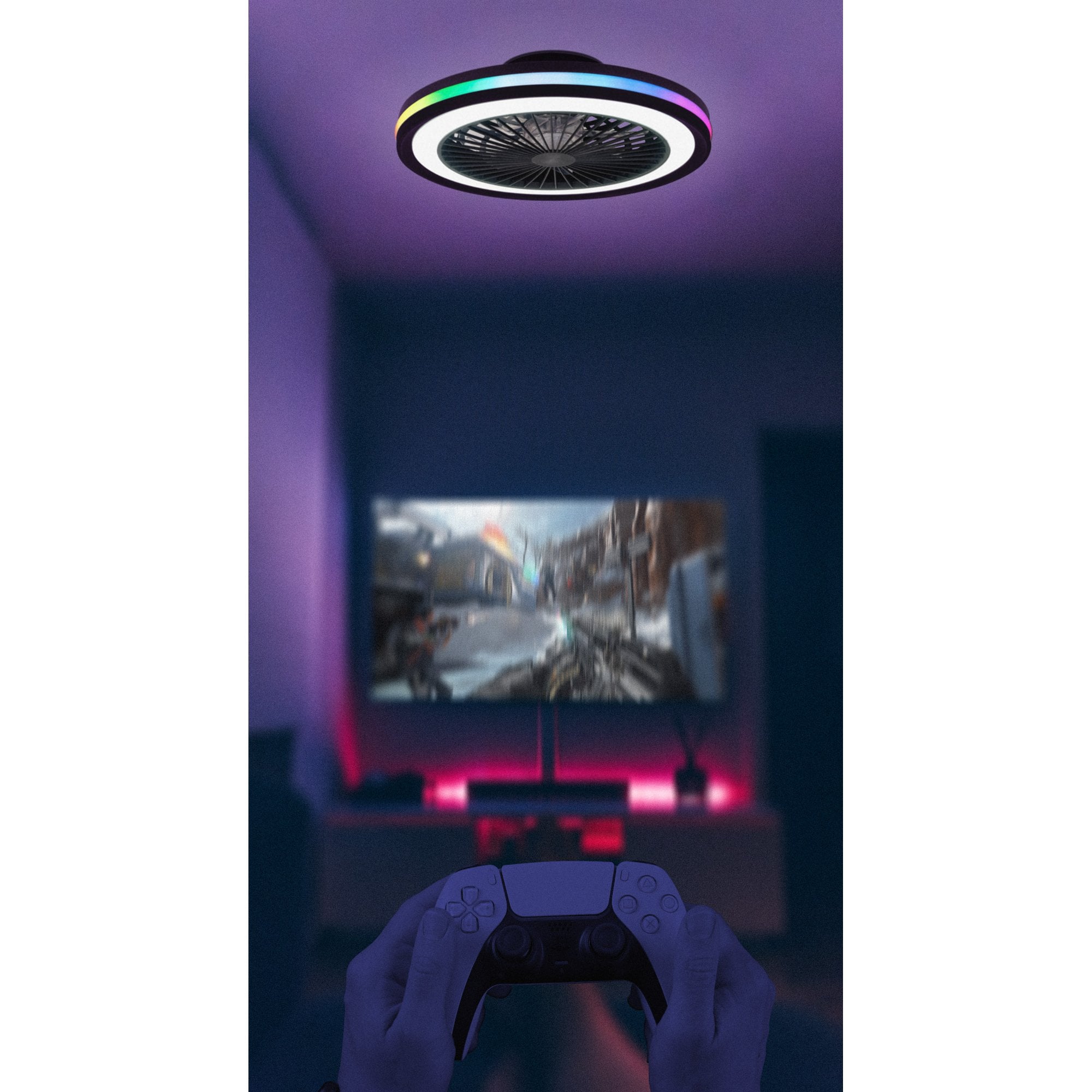Mantra Gamer 40W LED Dimmable White, RGB Ceiling Light & Fan, Remote - Black