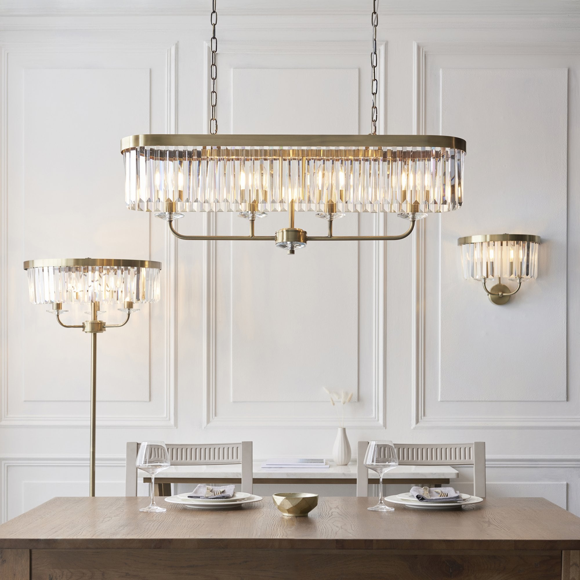 Utopia Martini 2 Light Wall Light - Antique Brass & Clear Cut Glass