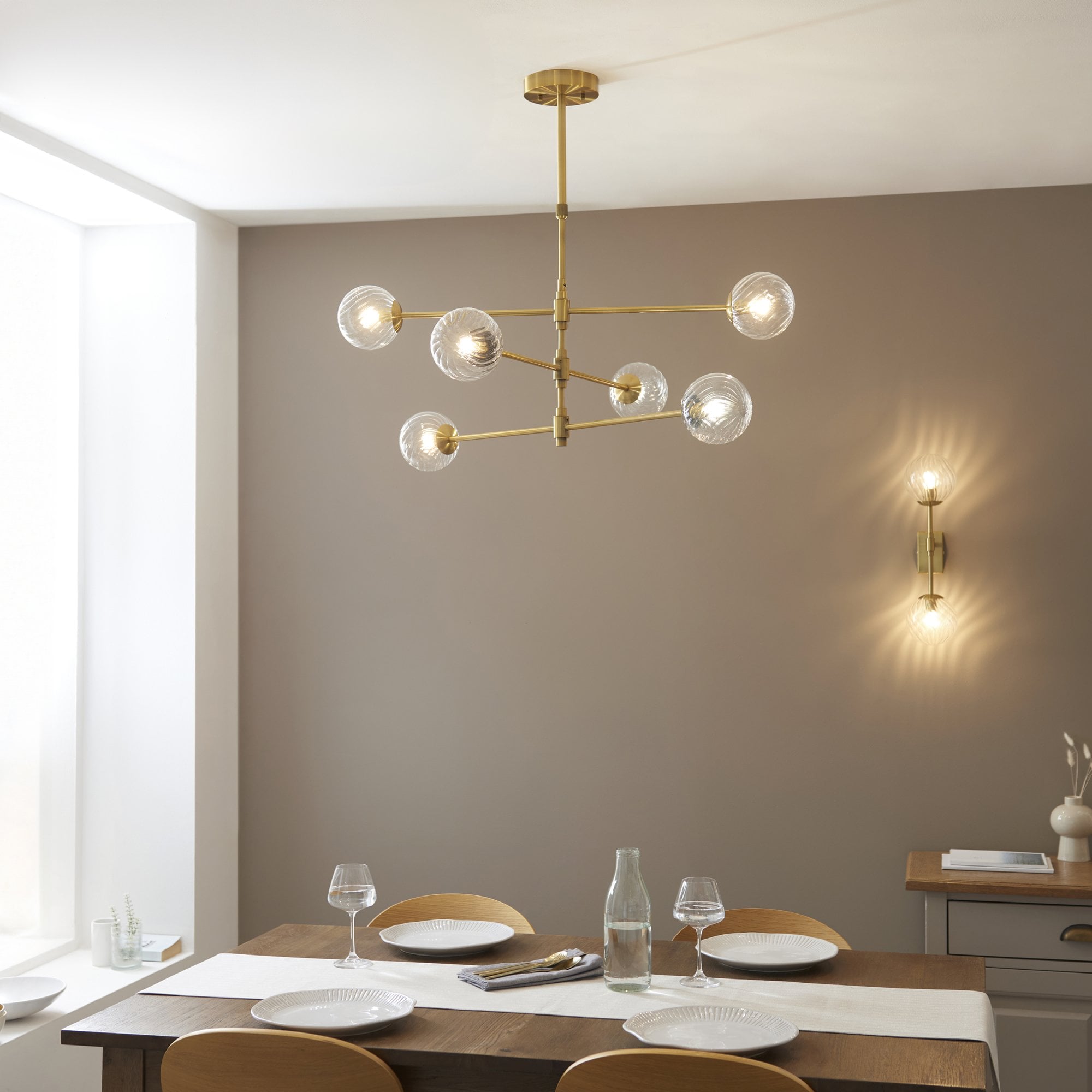 Utopia Atomic 6 Light Pendant - Brushed Aged Brass & Twisted Clear Glass