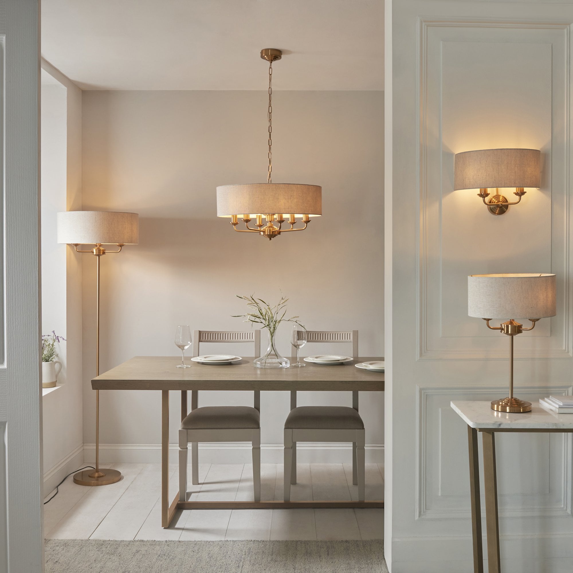 Endon Highclere 3 Light Table Lamp - Vintage Brass & Natural Linen