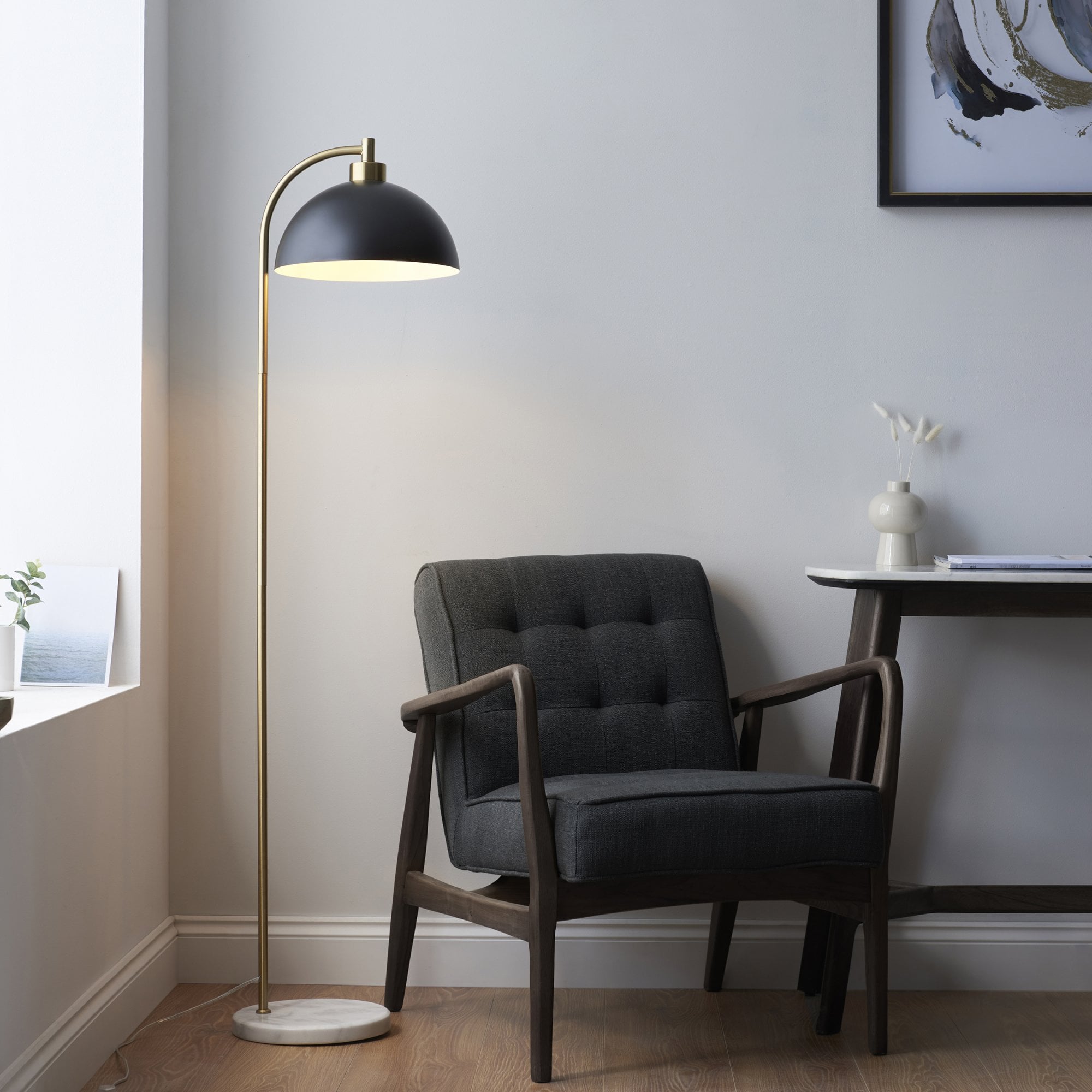 Endon Buchanan Single Light Floor - Matt Black, Antique Brass Plate & Grey Marble