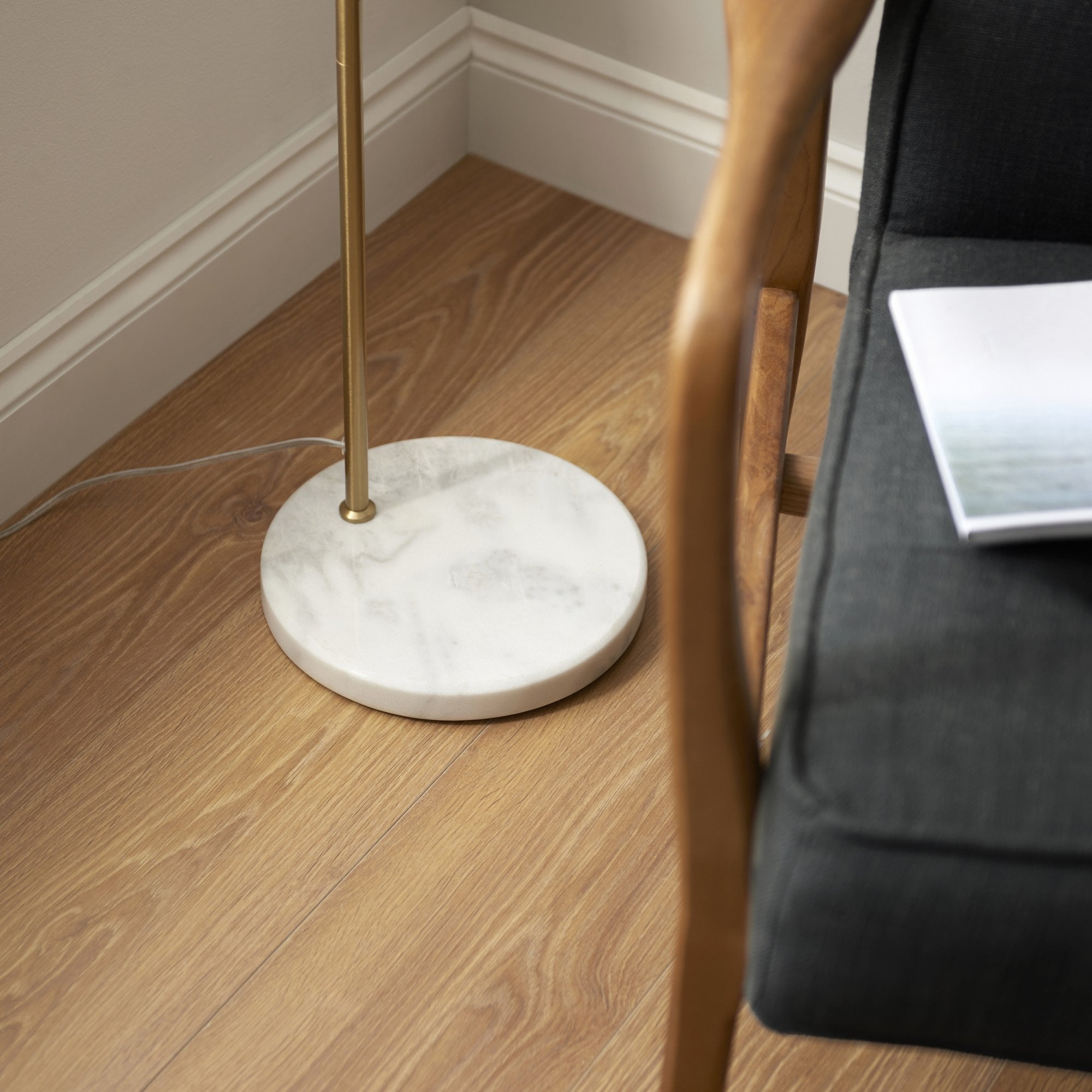 Endon Buchanan Single Light Floor - Matt Black, Antique Brass Plate & Grey Marble