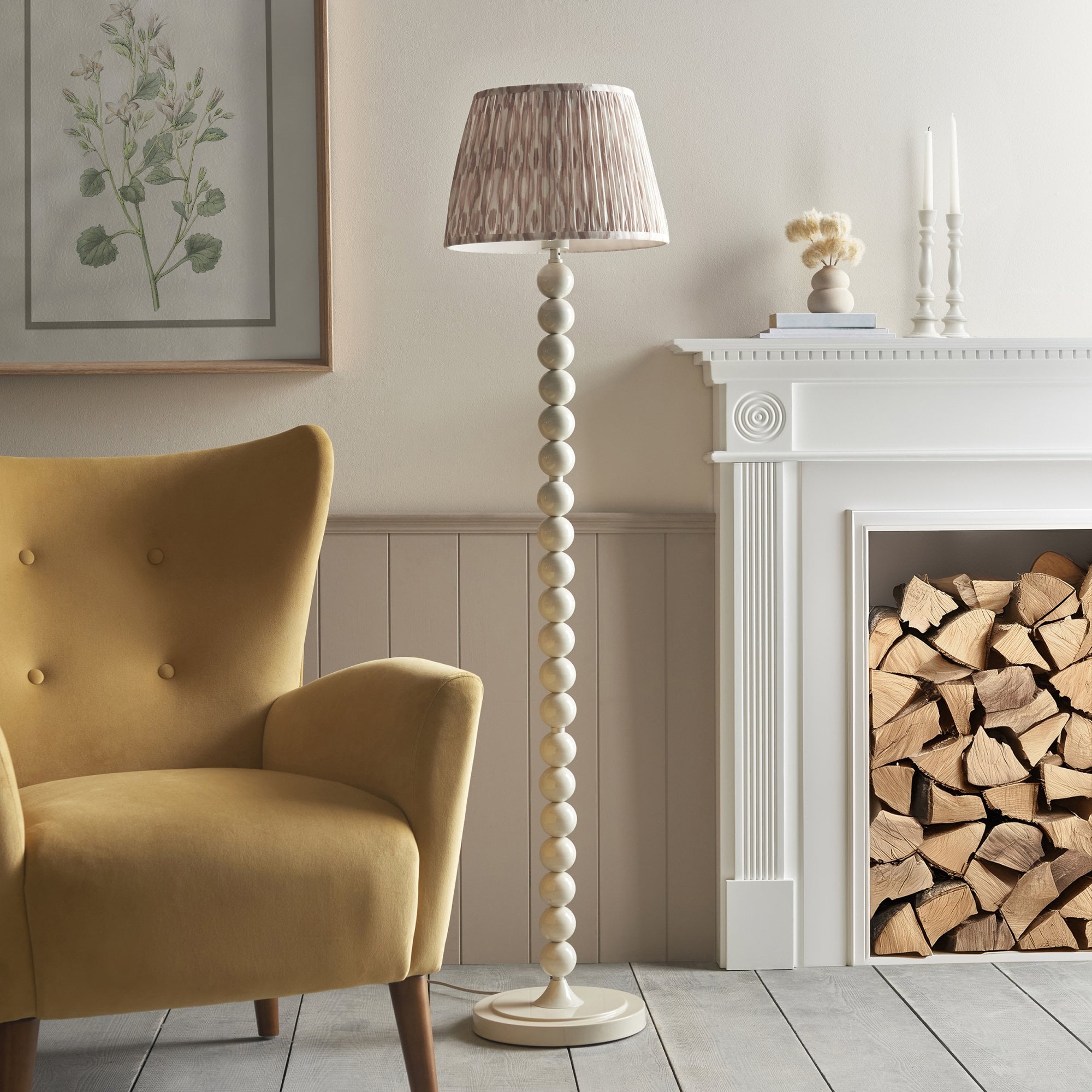 Endon Higgledy Gloss Almond White Floor Lamp & Ikat 35cm Neutral Shade