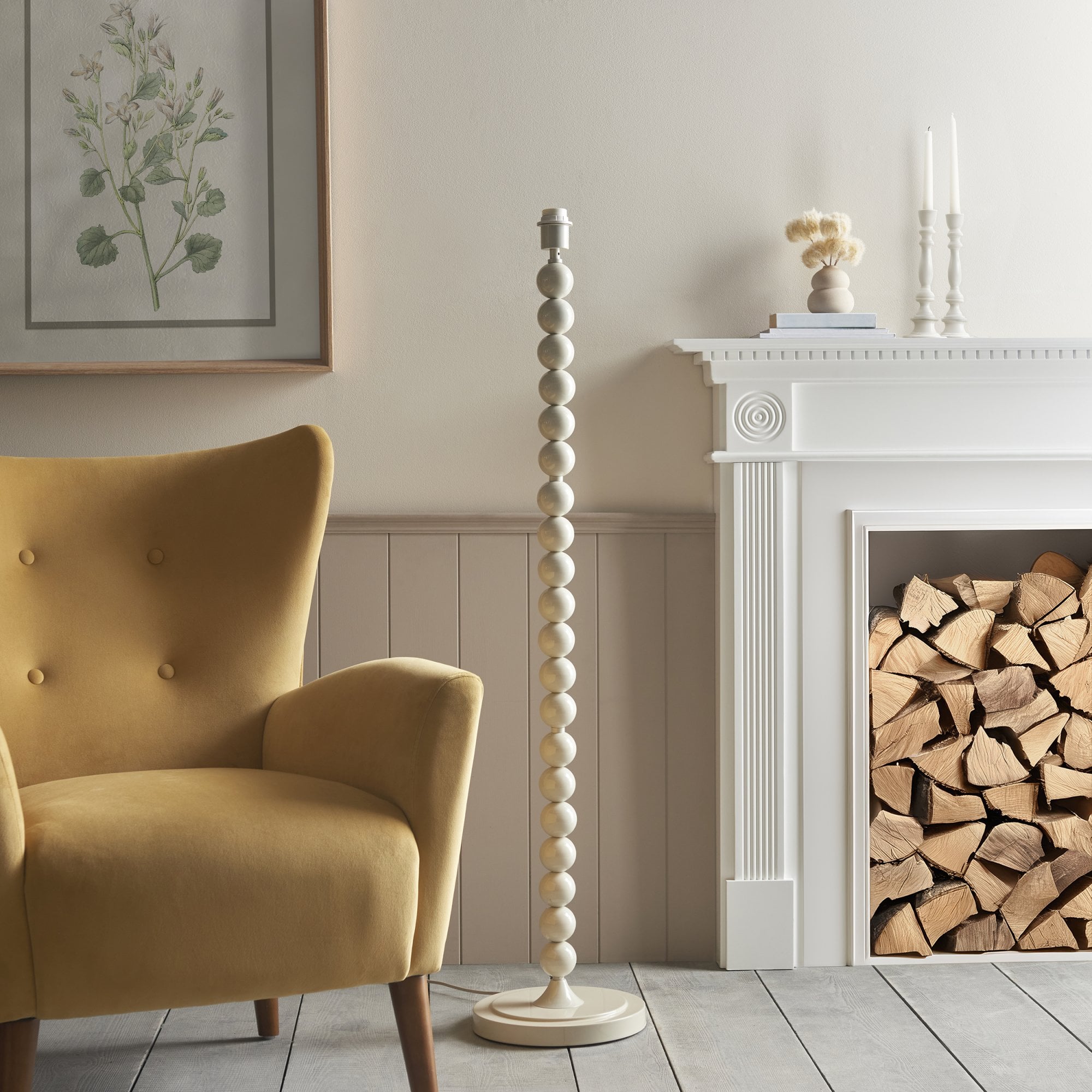 Endon Higgledy Gloss Almond White Floor Lamp & Ikat 35cm Neutral Shade