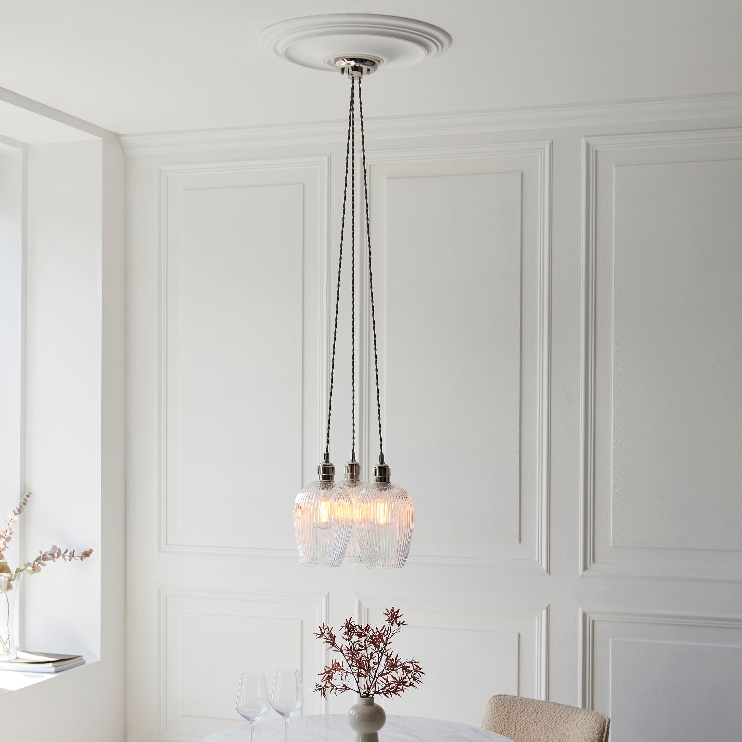 Utopia Finesse 3 Light Cluster Ceiling Pendant - Bright Nickel & Clear Ribbed Glass