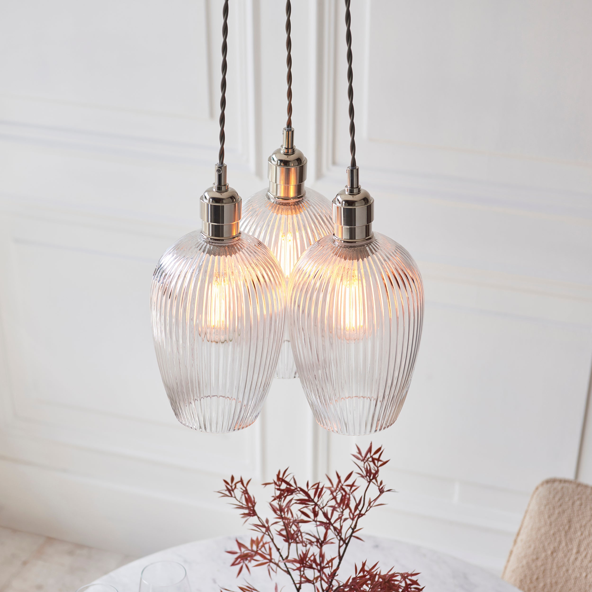 Utopia Finesse 3 Light Cluster Ceiling Pendant - Bright Nickel & Clear Ribbed Glass