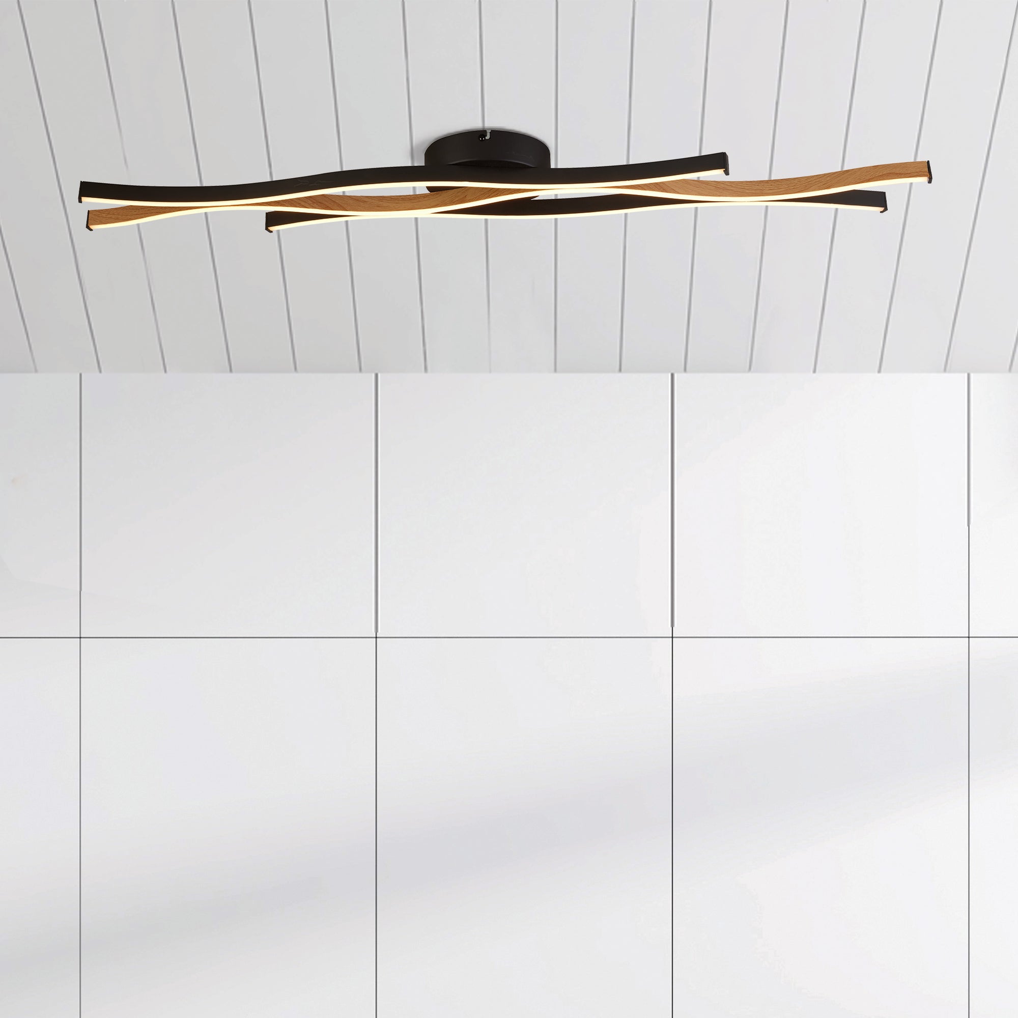 Searchlight Belmont Swirl LED Flush Ceiling Light - Black With Wood Effect