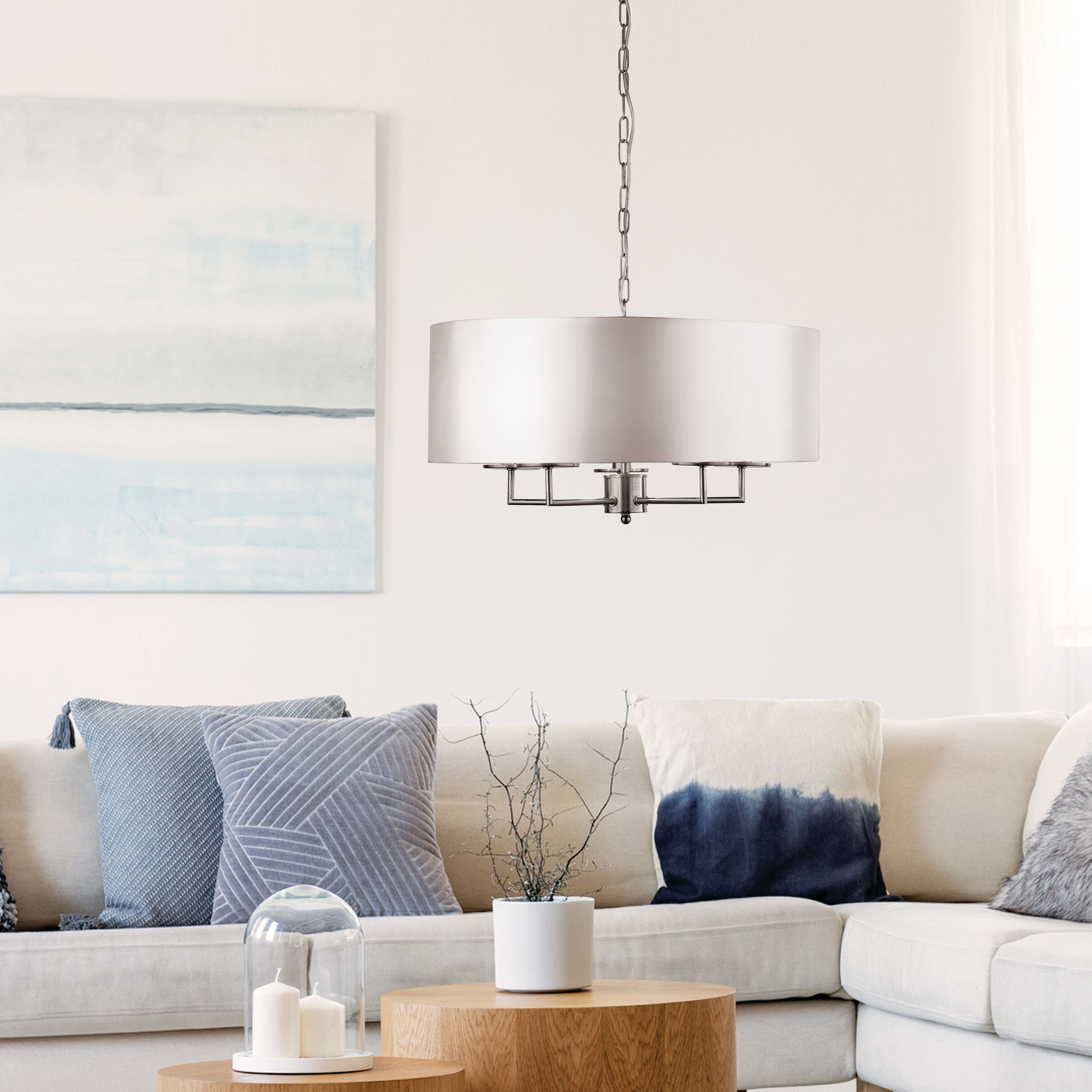 Searchlight James 5 Light Pendant - Satin Silver & Faux Silk Shade