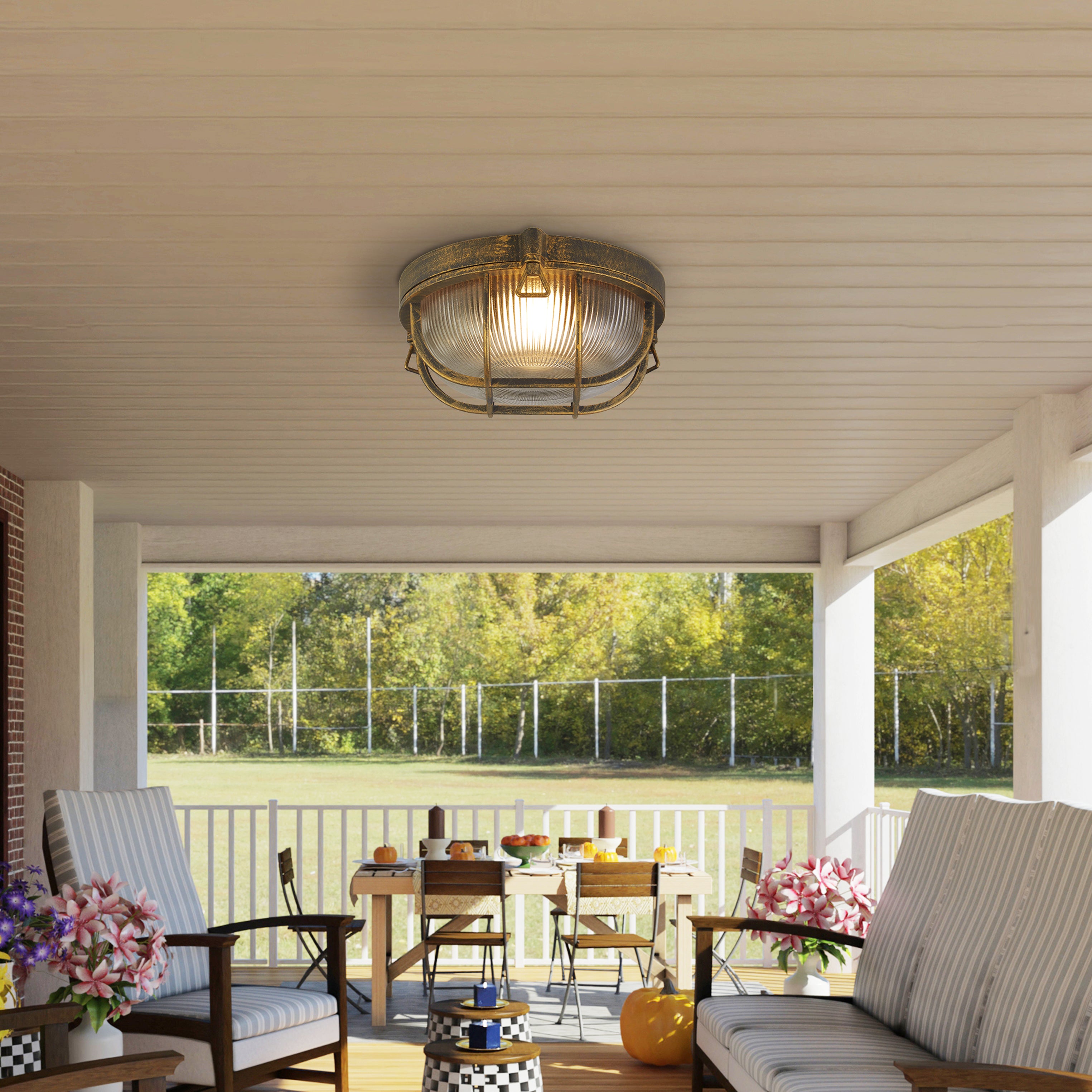 Searchlight Browside IP44 Outdoor Light - Round - Black Gold Aluminium