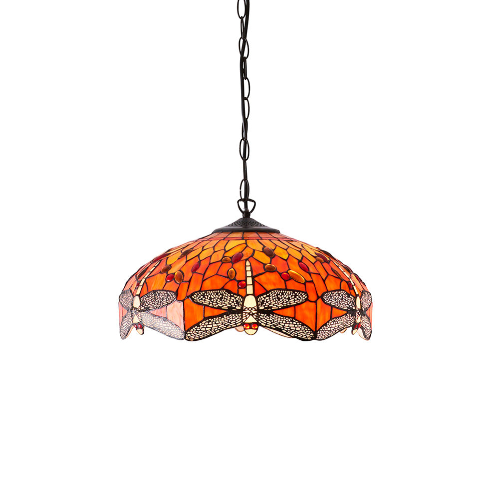 Interiors 1900 Dragonfly Flame Medium 3 Light Pendant - Handcrafted Tiffany Style Glass