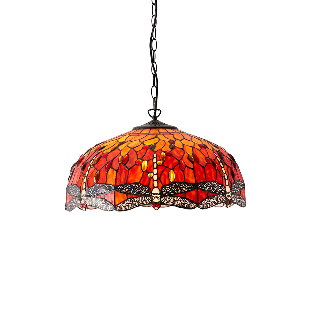 Interiors 1900 Dragonfly Flame Large 3 Light Pendant - Handcrafted Tiffany Style Glass