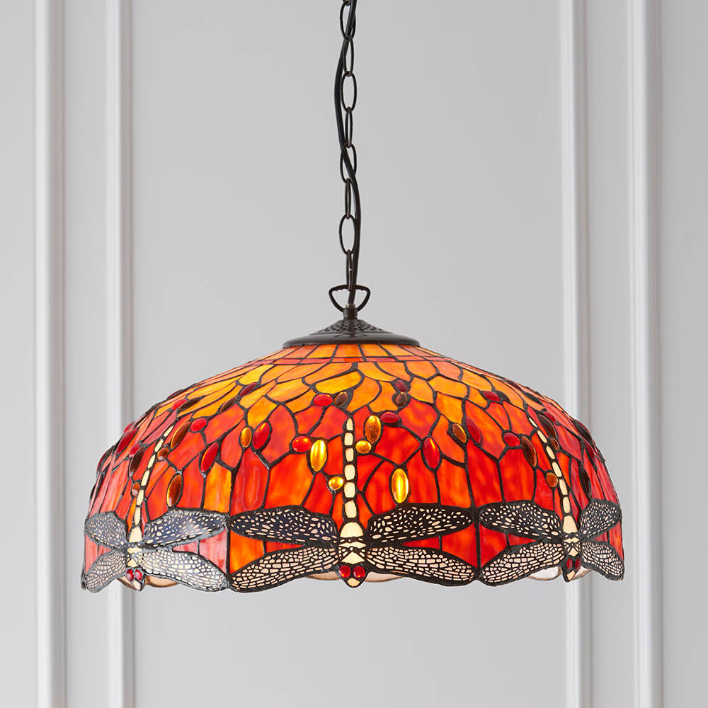 Interiors 1900 Dragonfly Flame Large 3 Light Pendant - Handcrafted Tiffany Style Glass