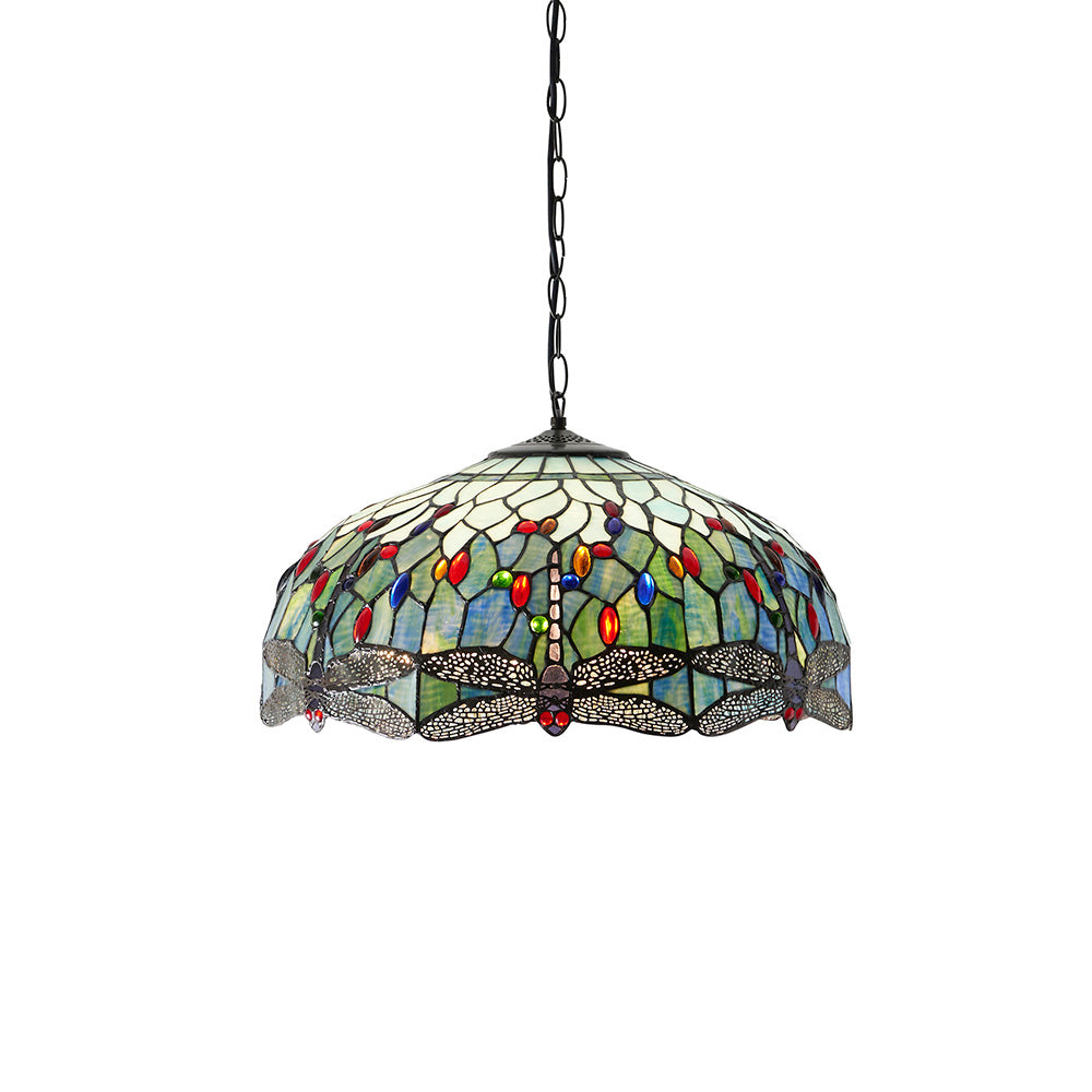 Interiors 1900 Dragonfly Blue Large 3 Light Pendant - Handcrafted Tiffany Style Glass