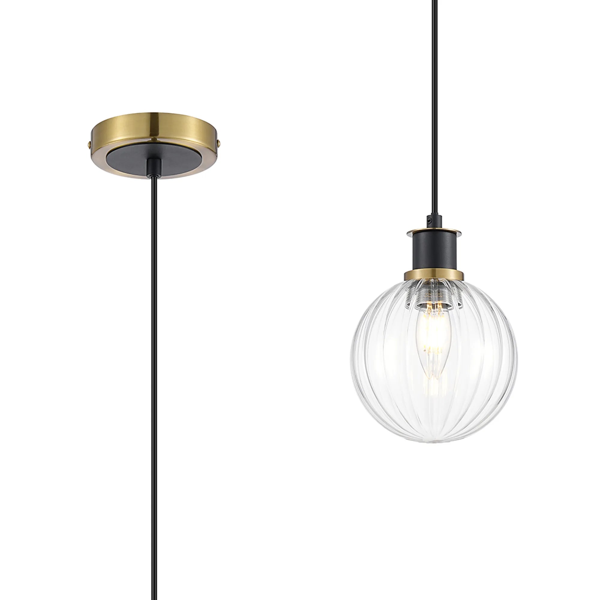 Sycamore Pendant with 15cm Round Segment Glass Shade - Brass, Clear & Satin Black