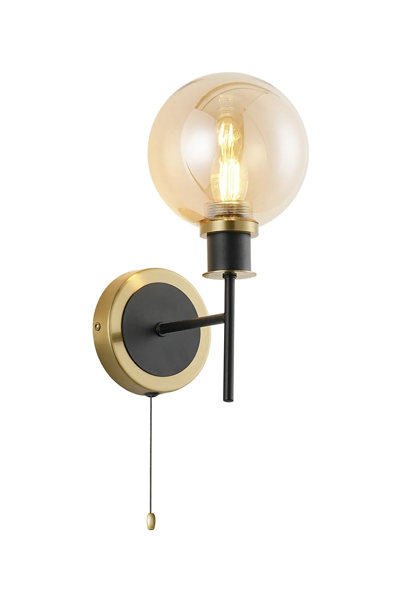 Sycamore Switched Wall Light with 15cm Round Glass Shade - Brass, Amber Plated & Satin Black