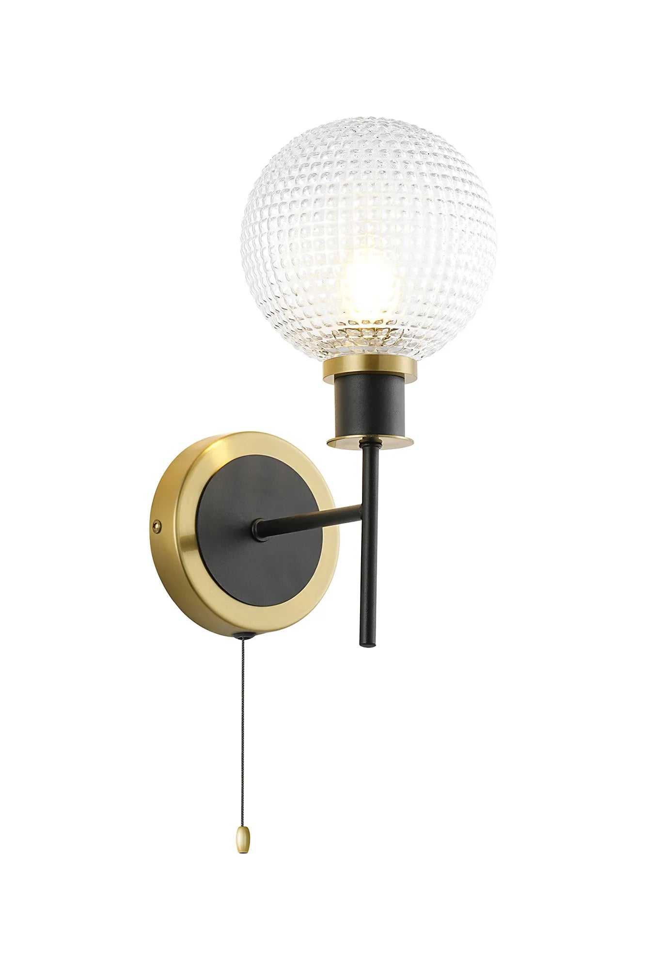 Sycamore Switched Wall Light with 15cm Round Textured Diamond Pattern Glass Shade - Brass, Clear & Satin Black