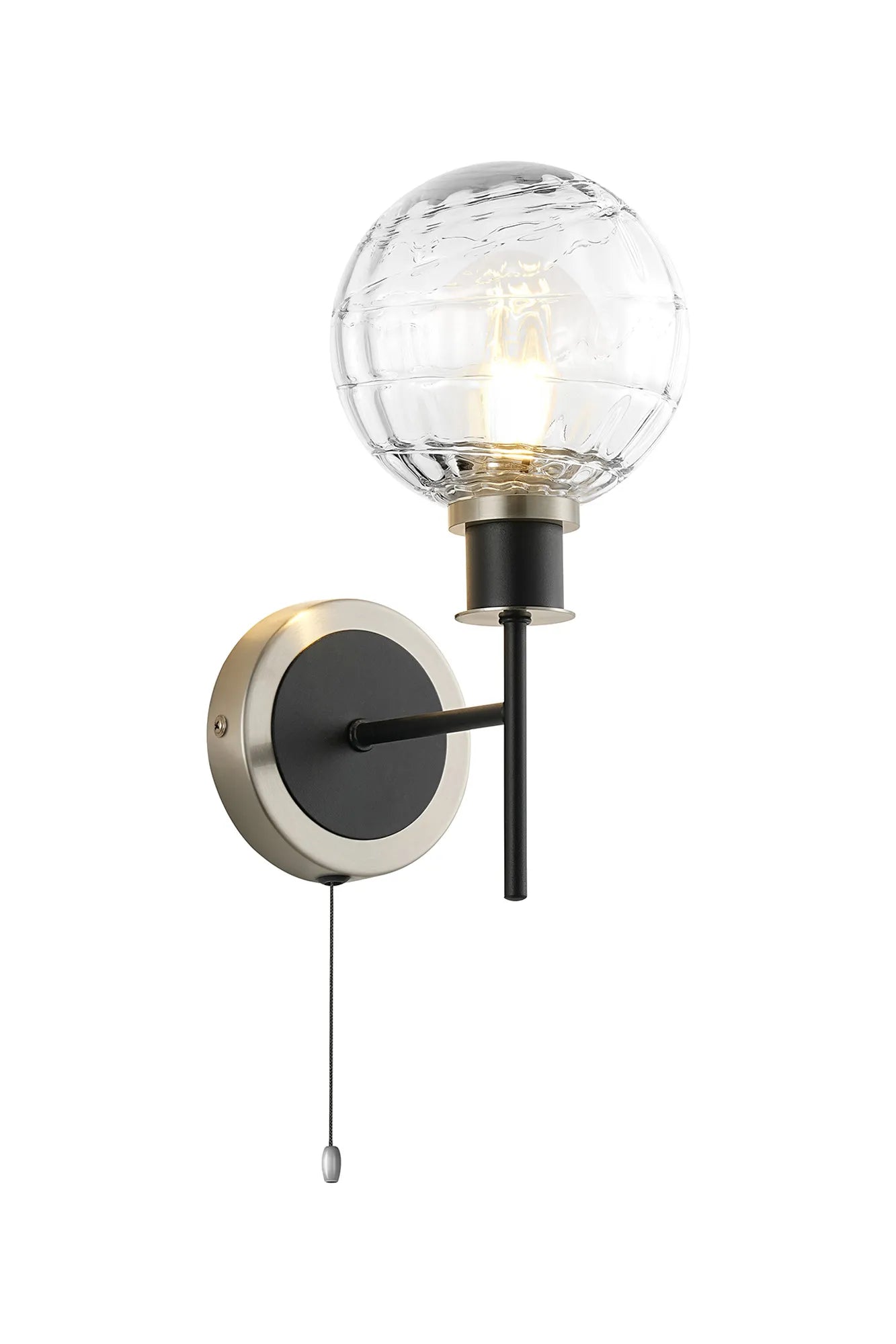 Sycamore Switched Wall Light with 15cm Round Textured Melting Glass Shade - Satin Nickel, Clear & Satin Black
