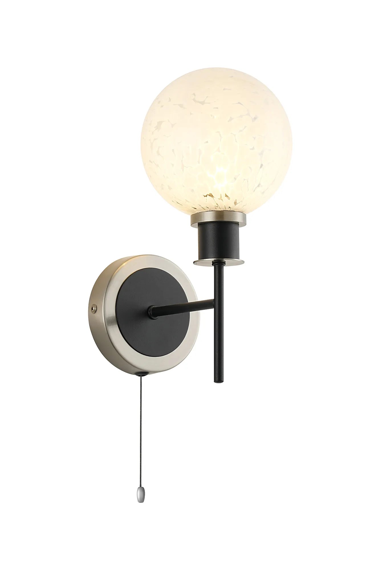 Sycamore Switched Wall Light with 15cm Round Speckled Glass Shade - Satin Nickel, White & Satin Black