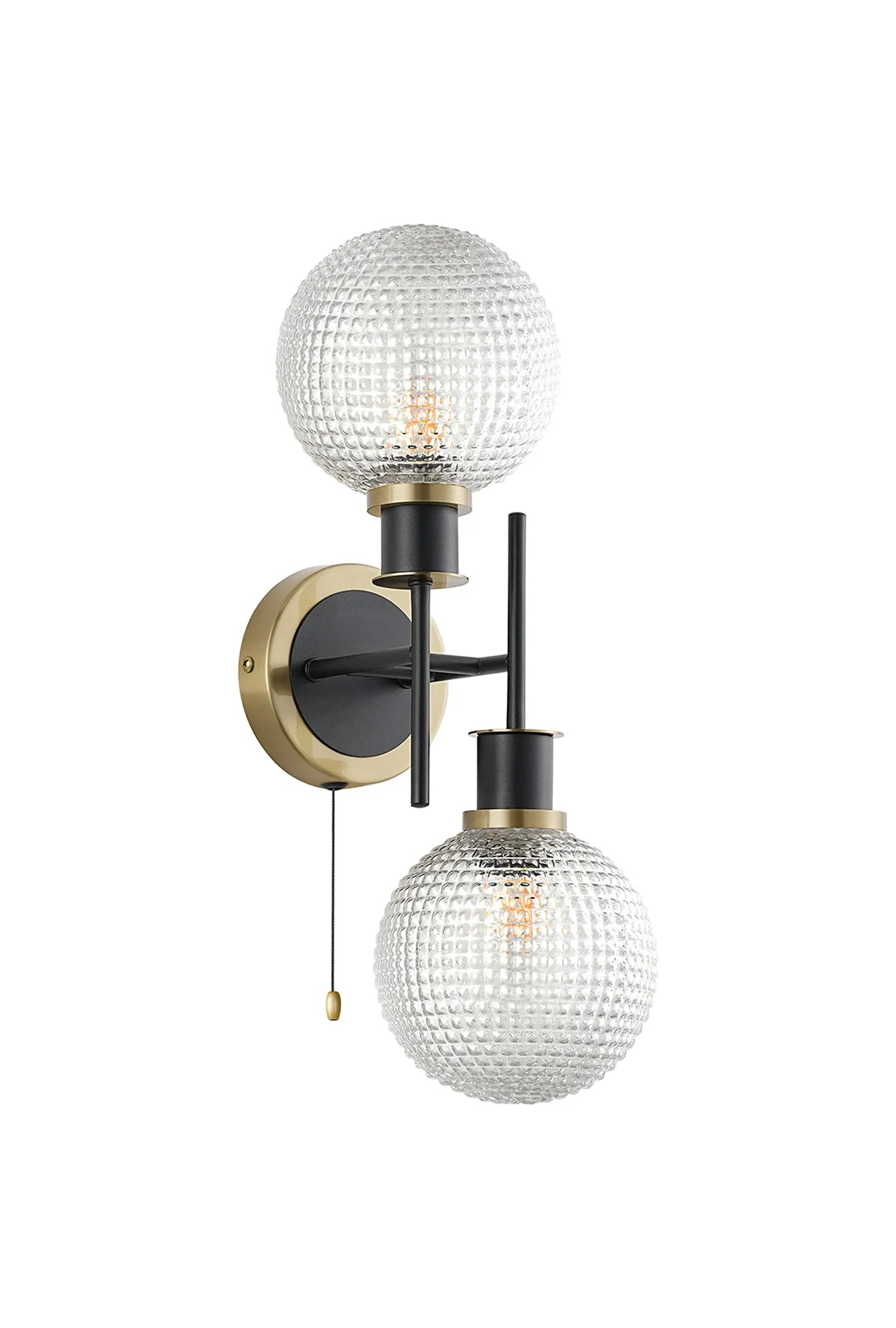 Sycamore Switched Wall Light 2 Light with 15cm Round Textured Diamond Pattern Glass Shade - Brass, Clear & Satin Black