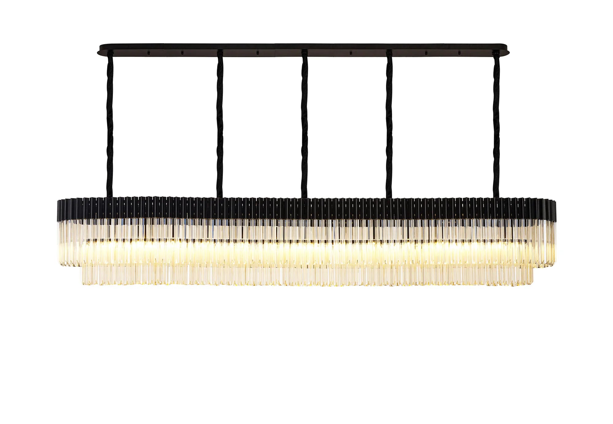 Cedar 250 x 40cm Linear Pendant 13 Light - Matt Black & Cognac Sculpted Glass