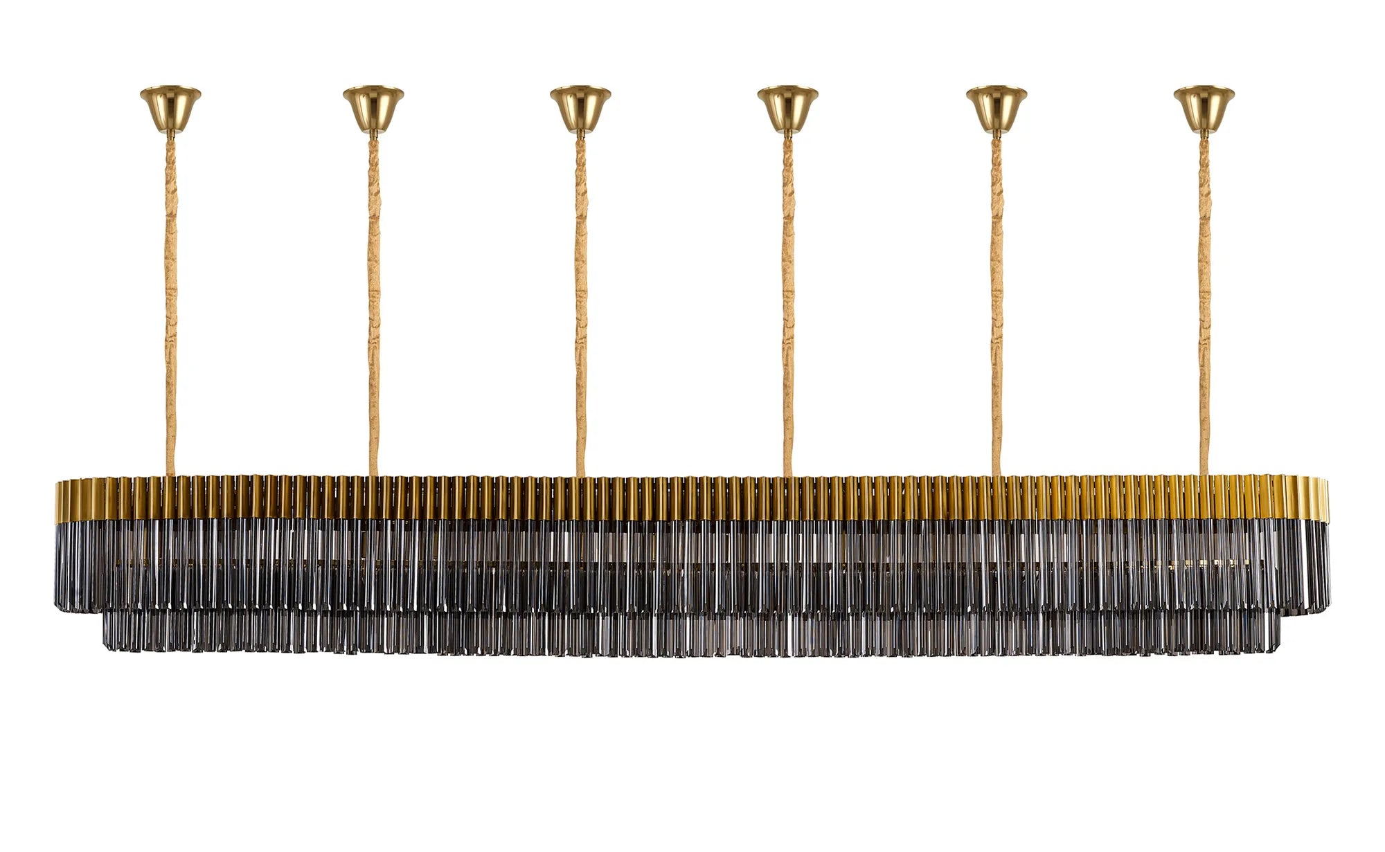 Cedar 300 x 40cm Linear Pendant With Bell Cup 16 Light - Brass & Smoked Sculpted Glass