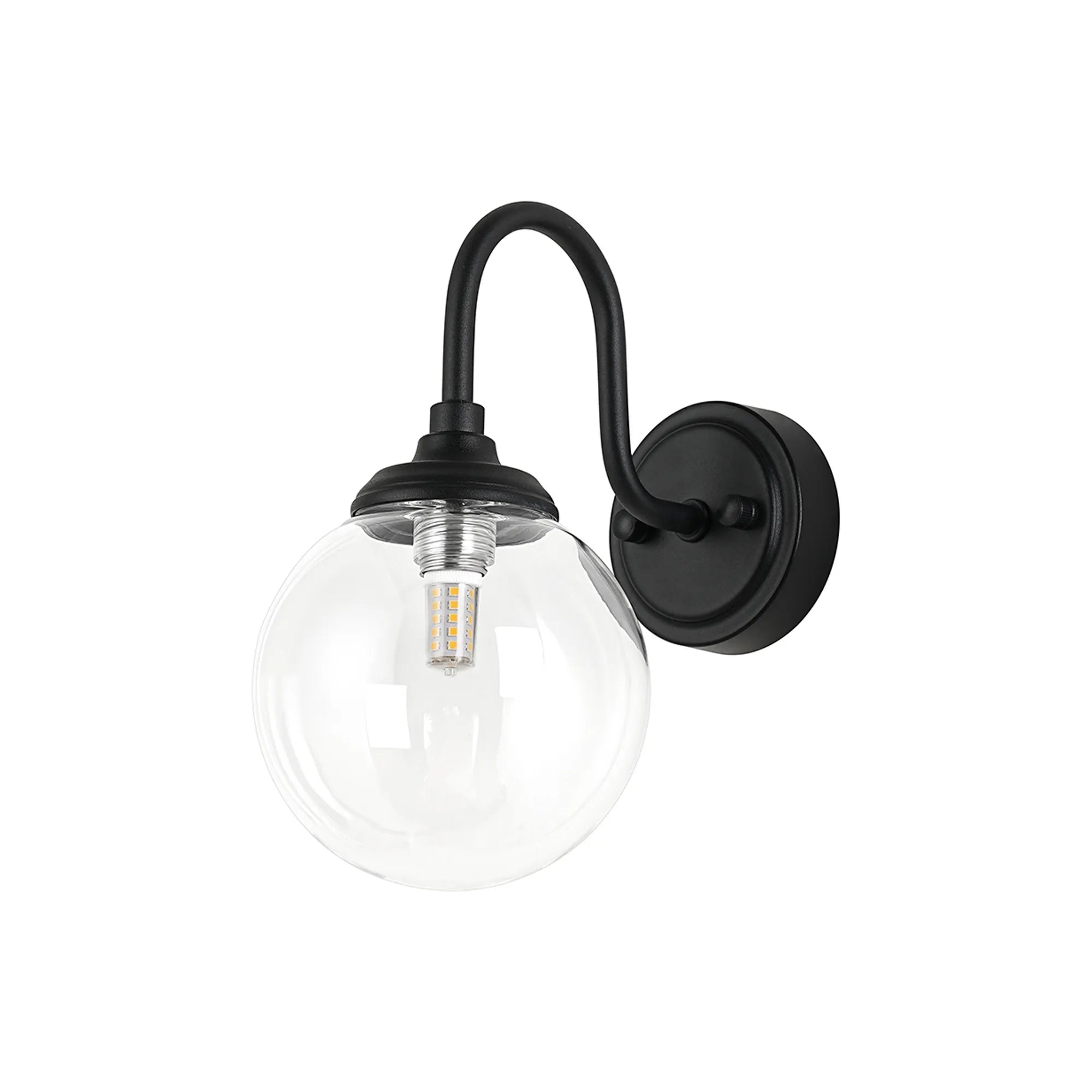 Dene Curved Arm Wall Light - 1 Light - IP44 Satin Black & Clear Smooth Round Glass