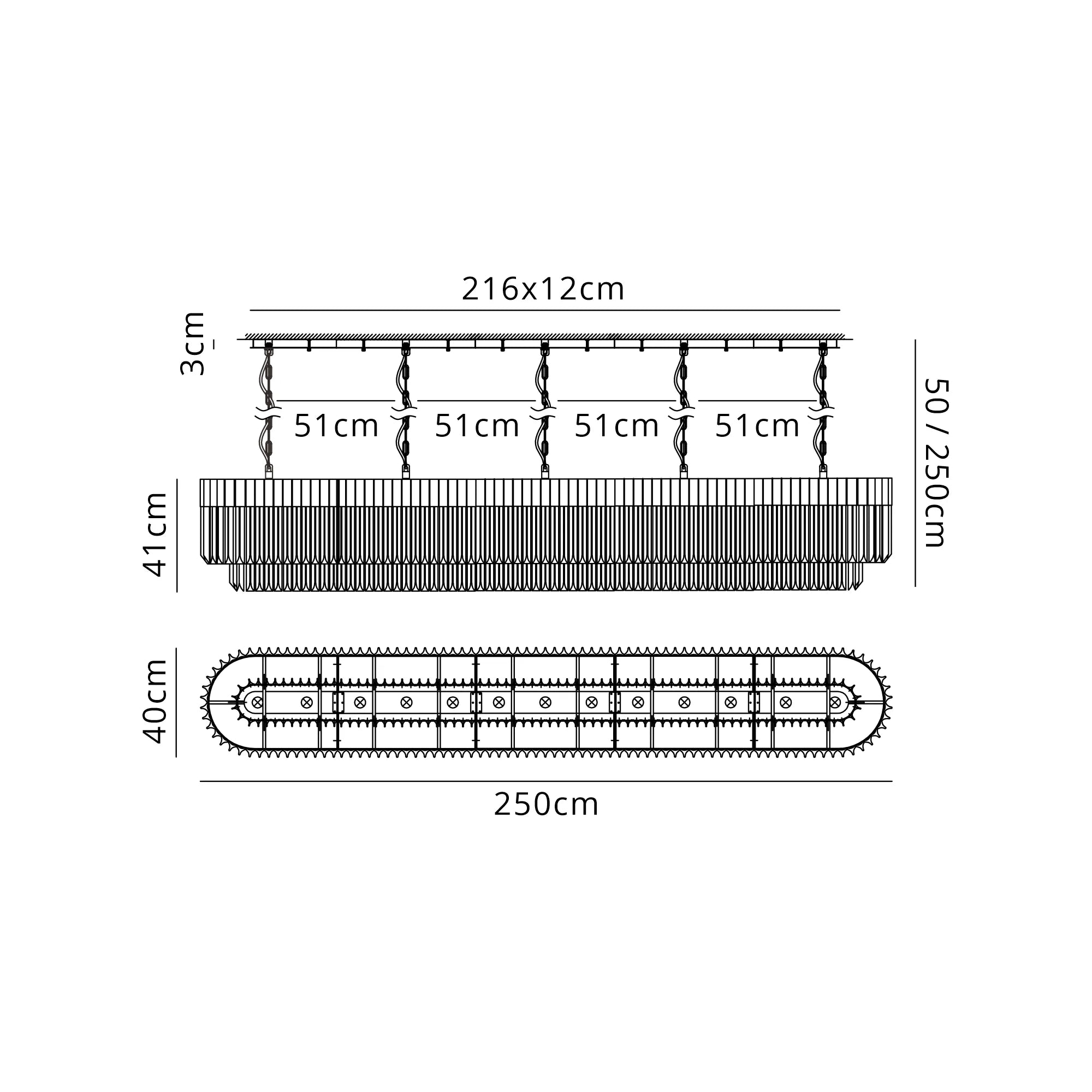 Cedar 250 x 40cm Linear Pendant 13 Light - Matt Black & Cognac Sculpted Glass